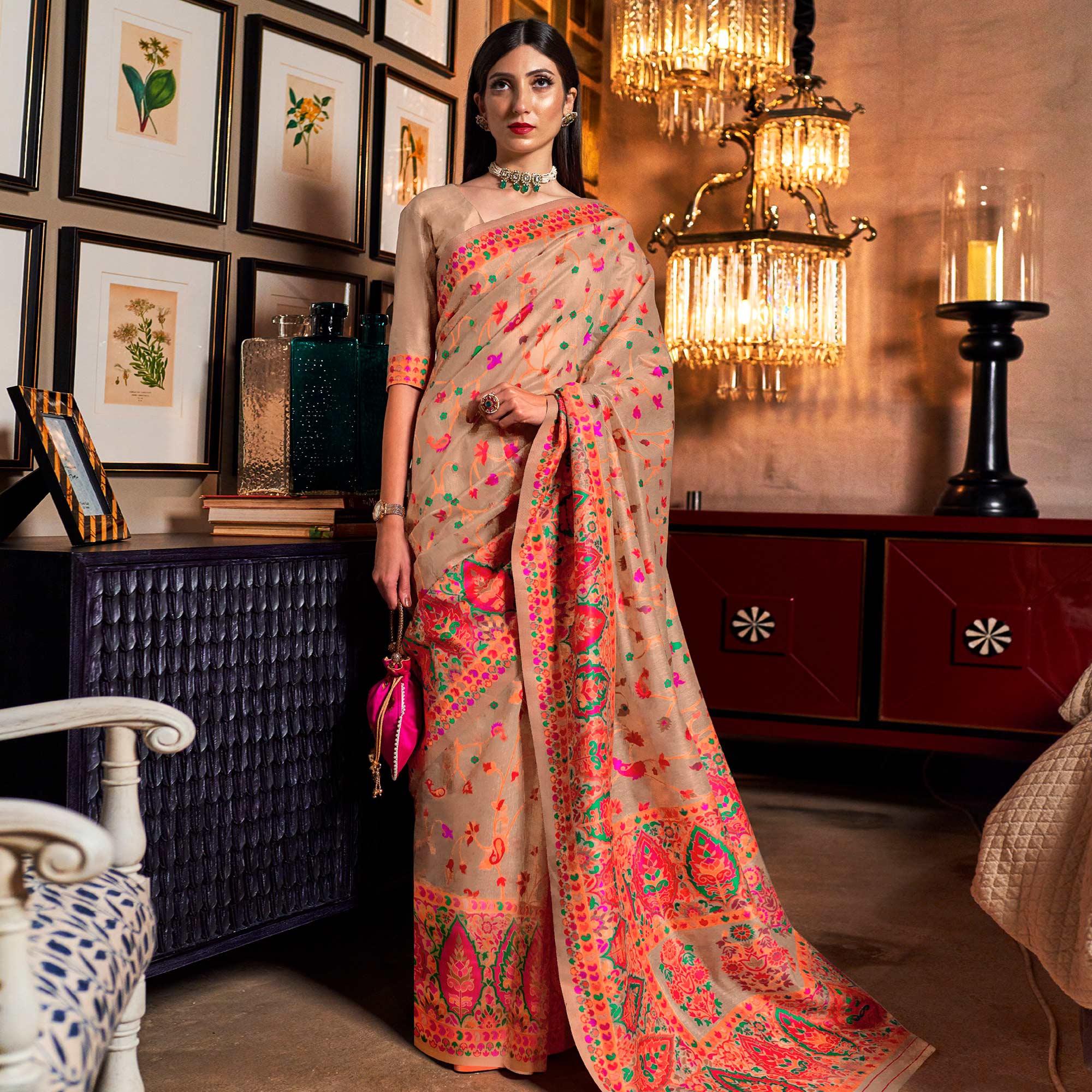 Classy Beige Colored Festive Wear Woven Chanderi Saree - Peachmode