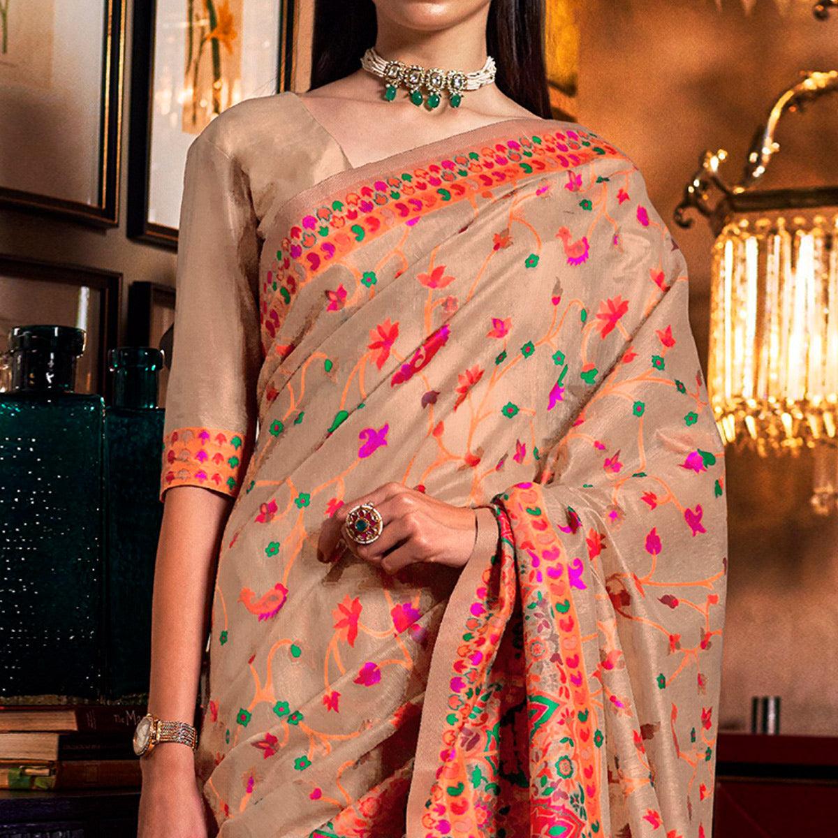 Classy Beige Colored Festive Wear Woven Chanderi Saree - Peachmode