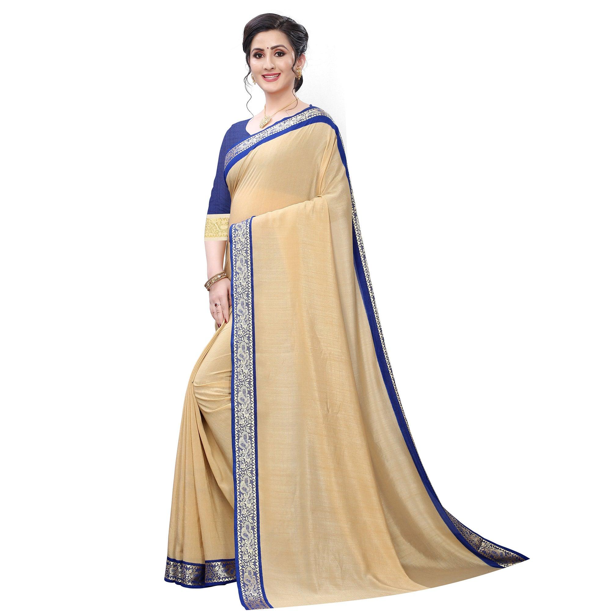 Classy Beige Colored Festive Wear Woven Vichitra Silk Saree - Peachmode