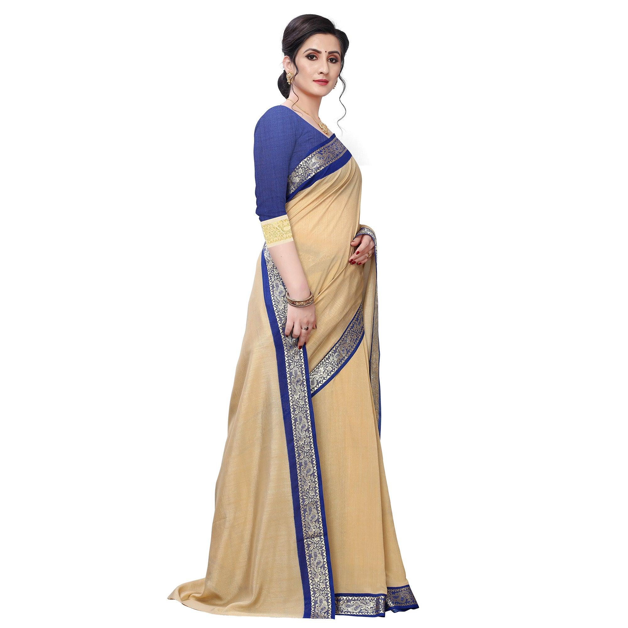 Classy Beige Colored Festive Wear Woven Vichitra Silk Saree - Peachmode