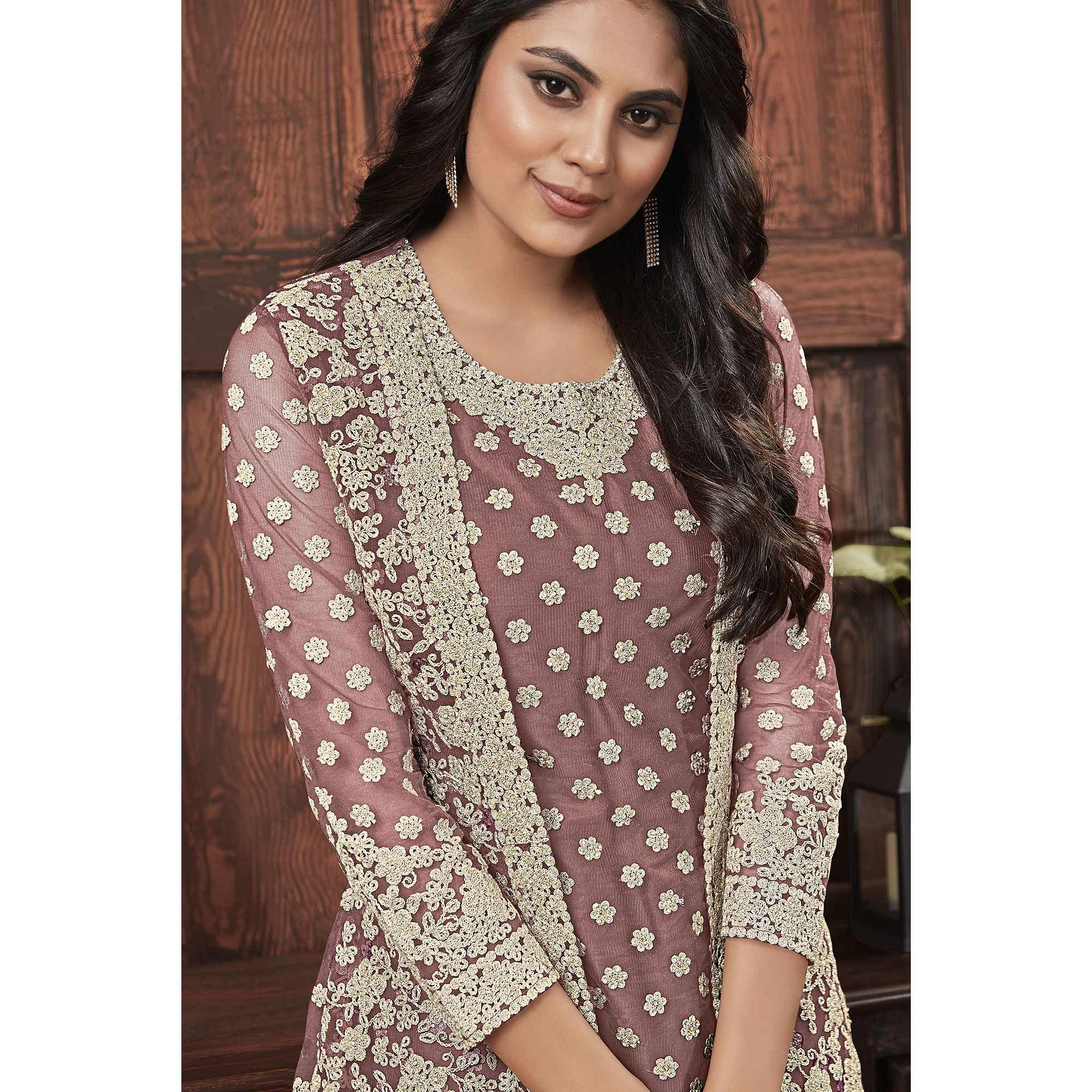 Classy Beige Coloured Partywear Embroidered Butterfly Net Pakistani Straight Suit - Peachmode