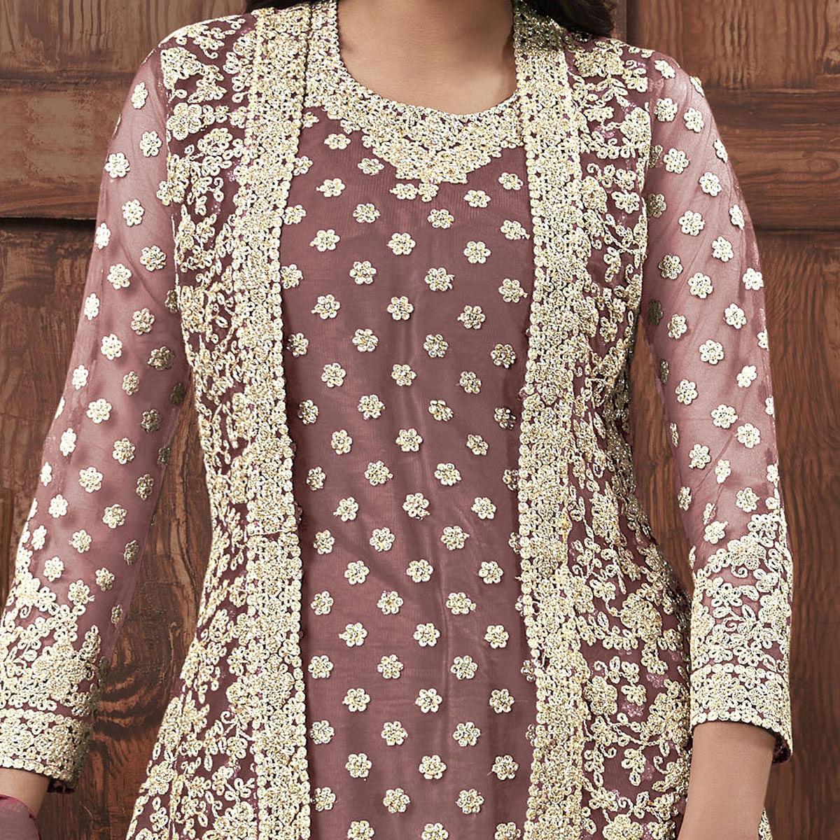 Classy Beige Coloured Partywear Embroidered Butterfly Net Pakistani Straight Suit - Peachmode