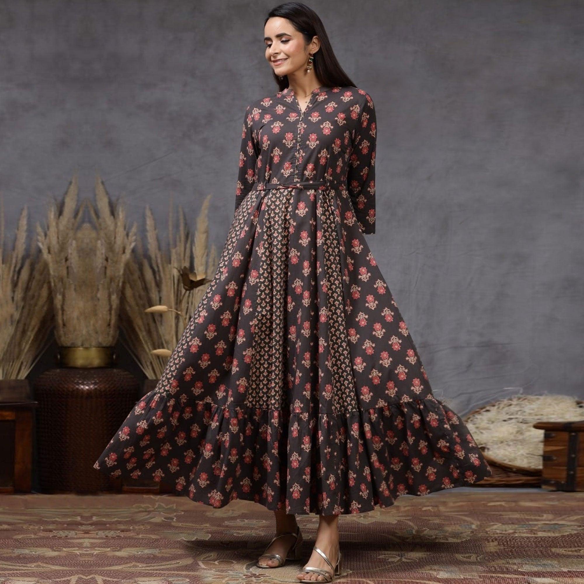 Classy Black Colored Casual Wear Printed Cotton Silk Long Kurti - Peachmode