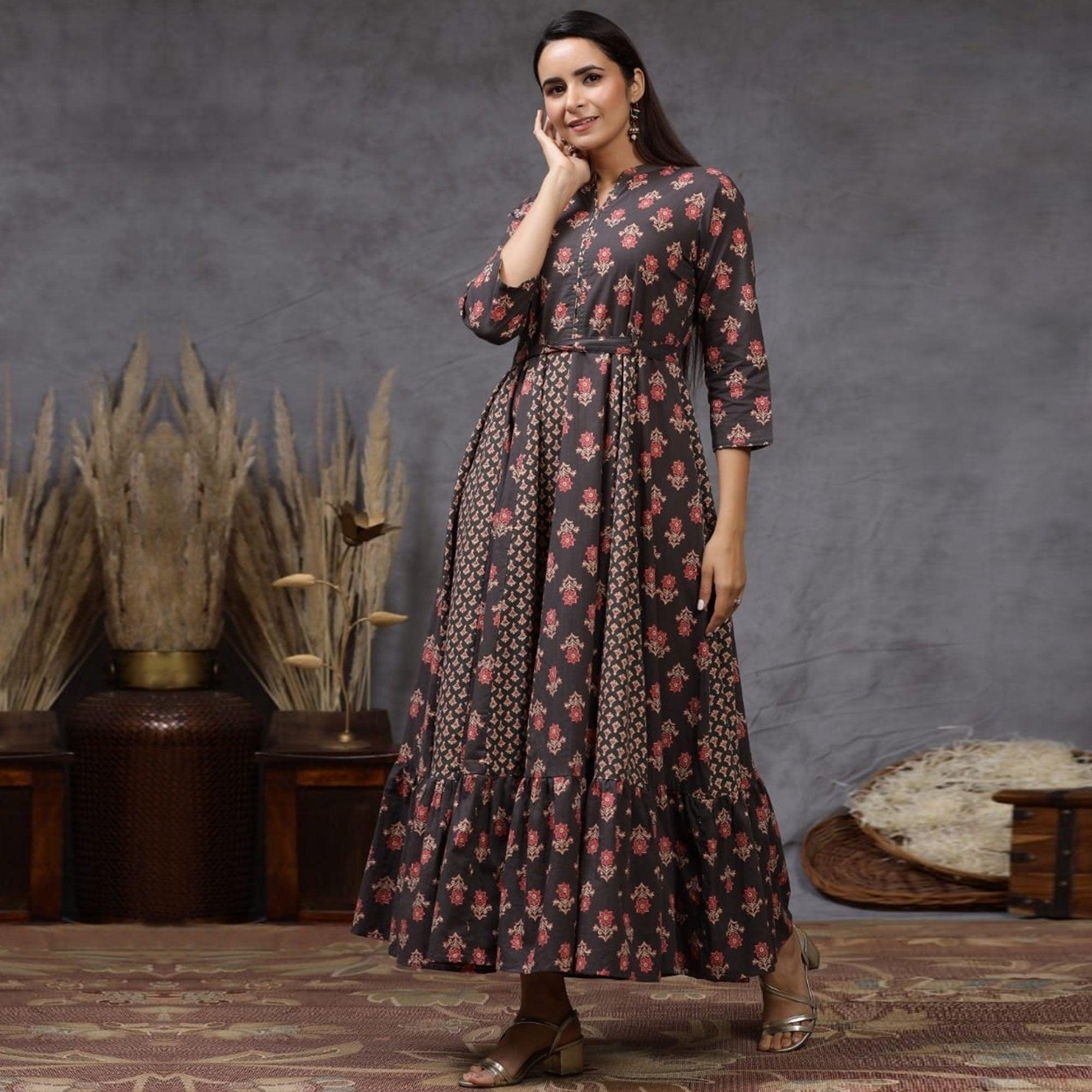 Classy Black Colored Casual Wear Printed Cotton Silk Long Kurti - Peachmode