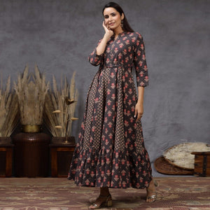 Classy Black Colored Casual Wear Printed Cotton Silk Long Kurti - Peachmode