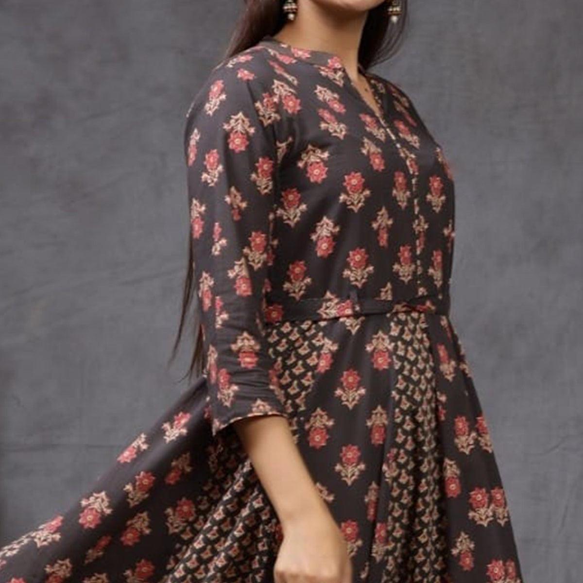 Classy Black Colored Casual Wear Printed Cotton Silk Long Kurti - Peachmode