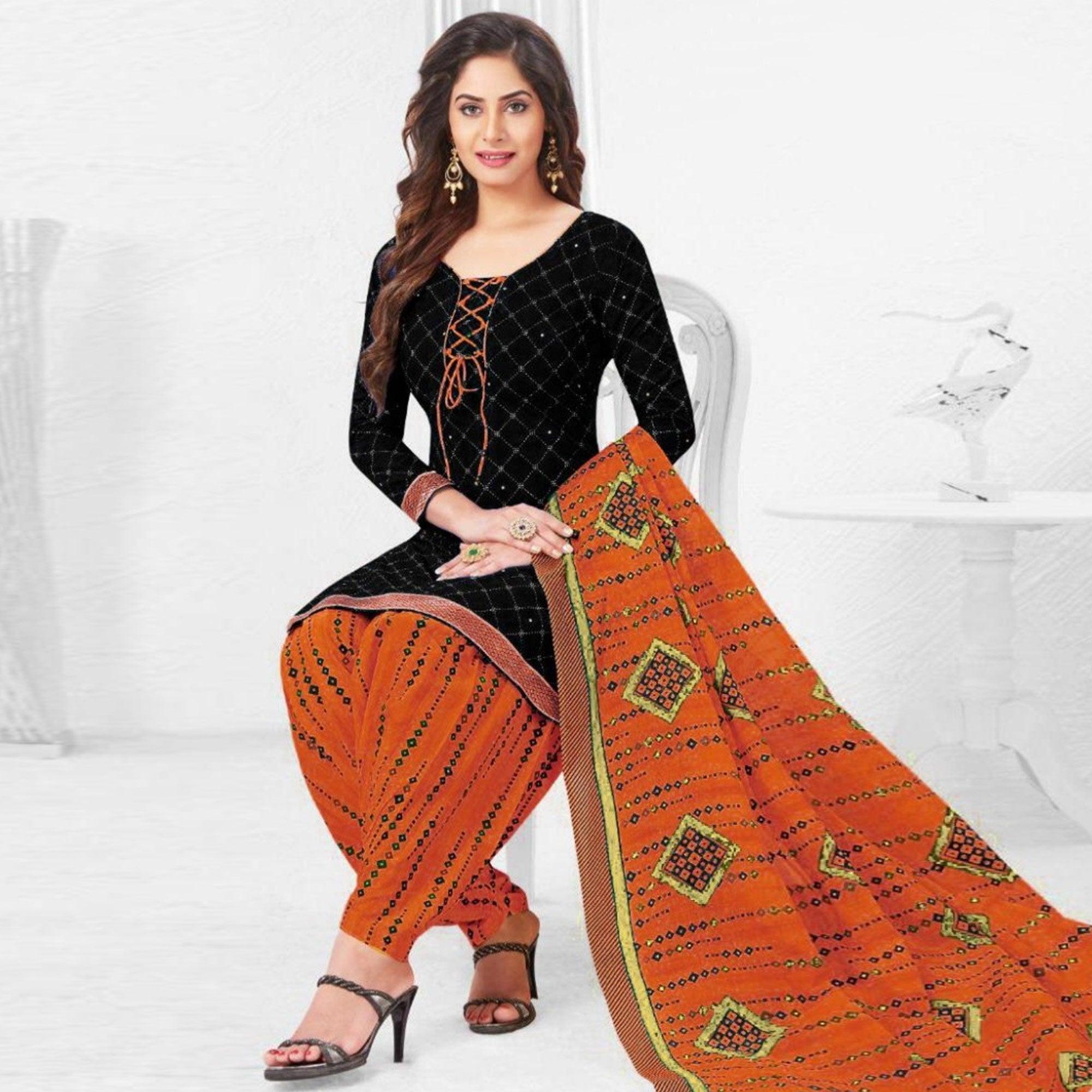 Classy Black Colored Casual Wear Printed French Crepe Patiala Dress Material - Peachmode