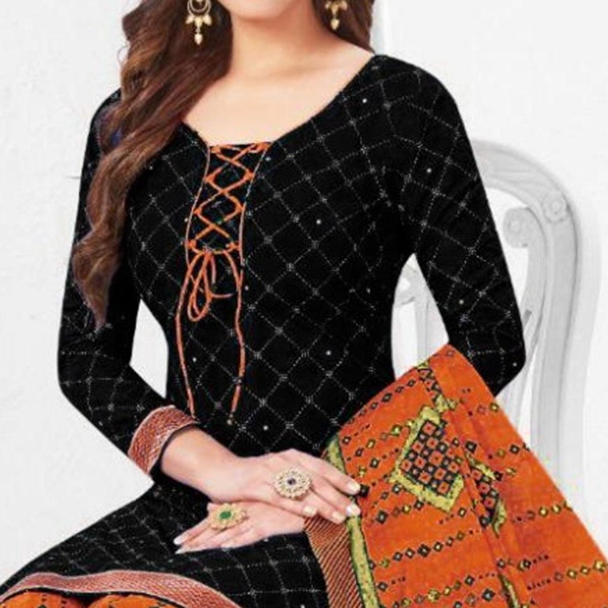 Classy Black Colored Casual Wear Printed French Crepe Patiala Dress Material - Peachmode