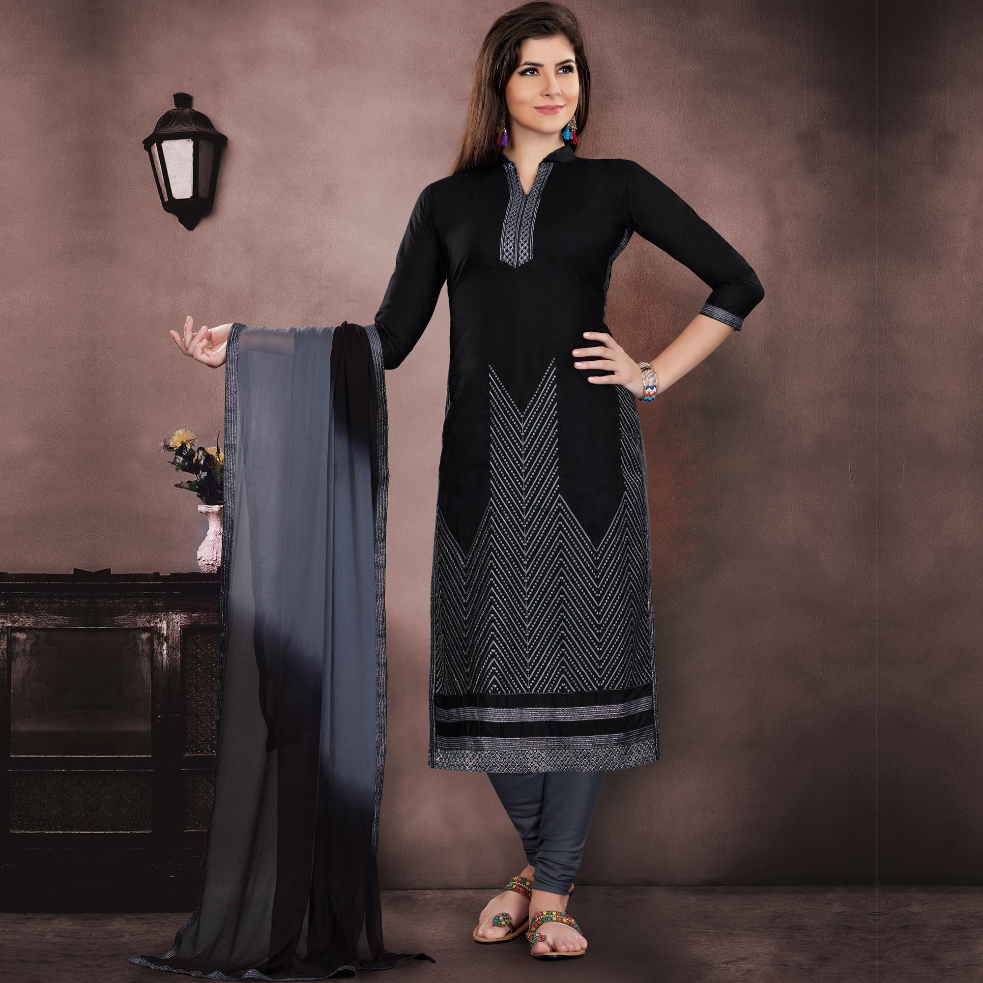 Classy Black Colored Embroidered Partywear Chanderi Dress Material - Peachmode