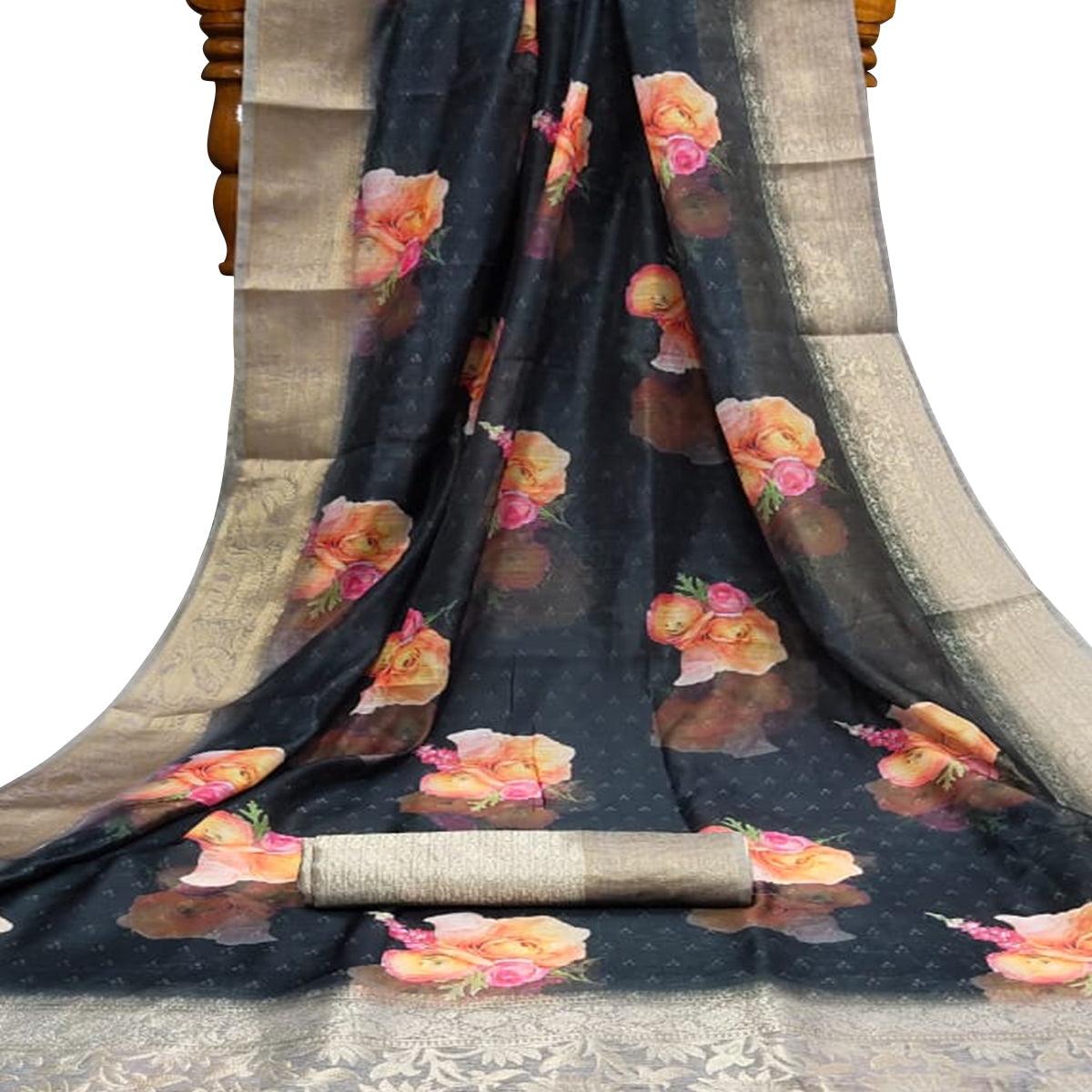 Classy Black Colored Festive Wear Digital Printed Silk Saree - Peachmode
