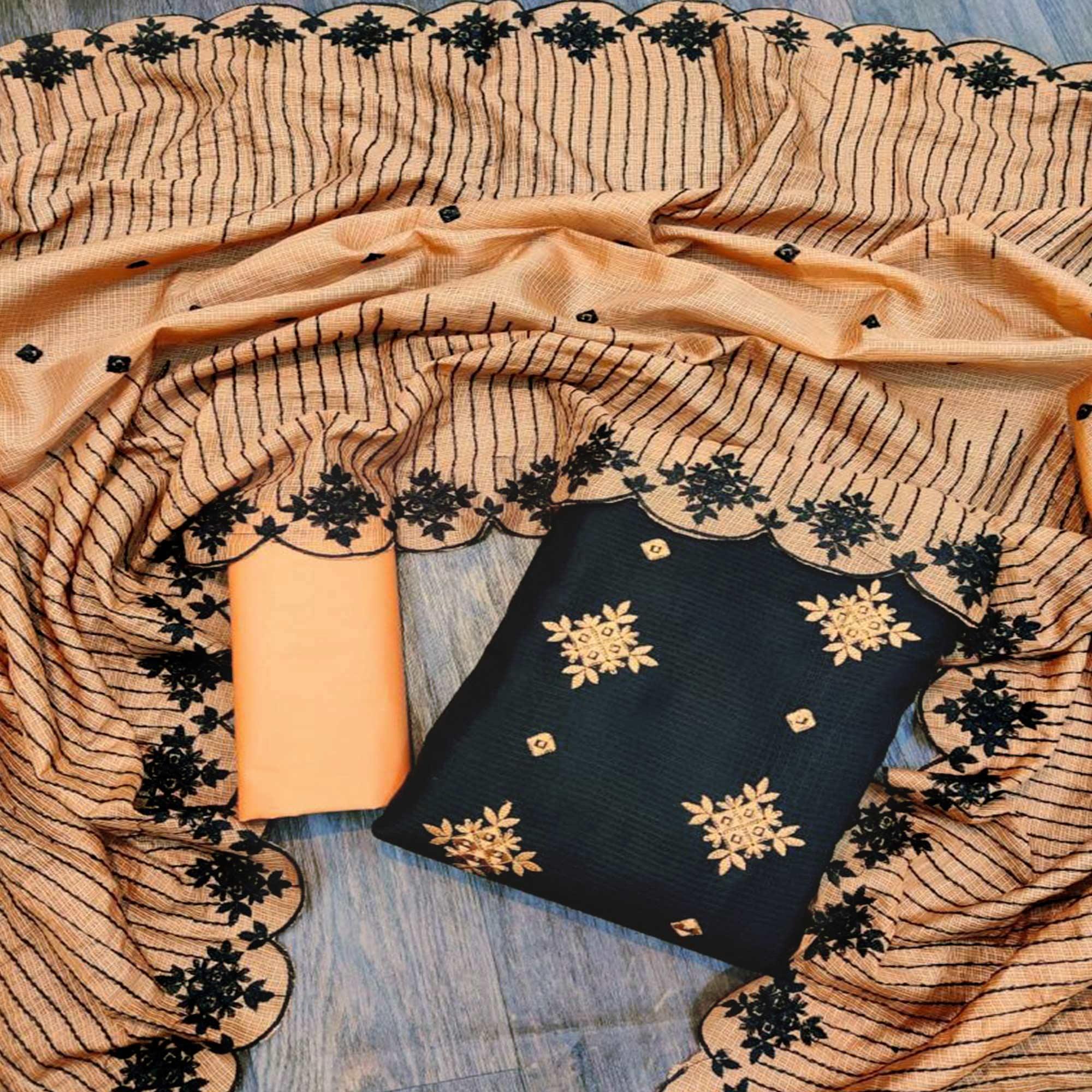Classy Black - Orange Colored Casual Wear Embroidered Kota Chex Dress Material - Peachmode