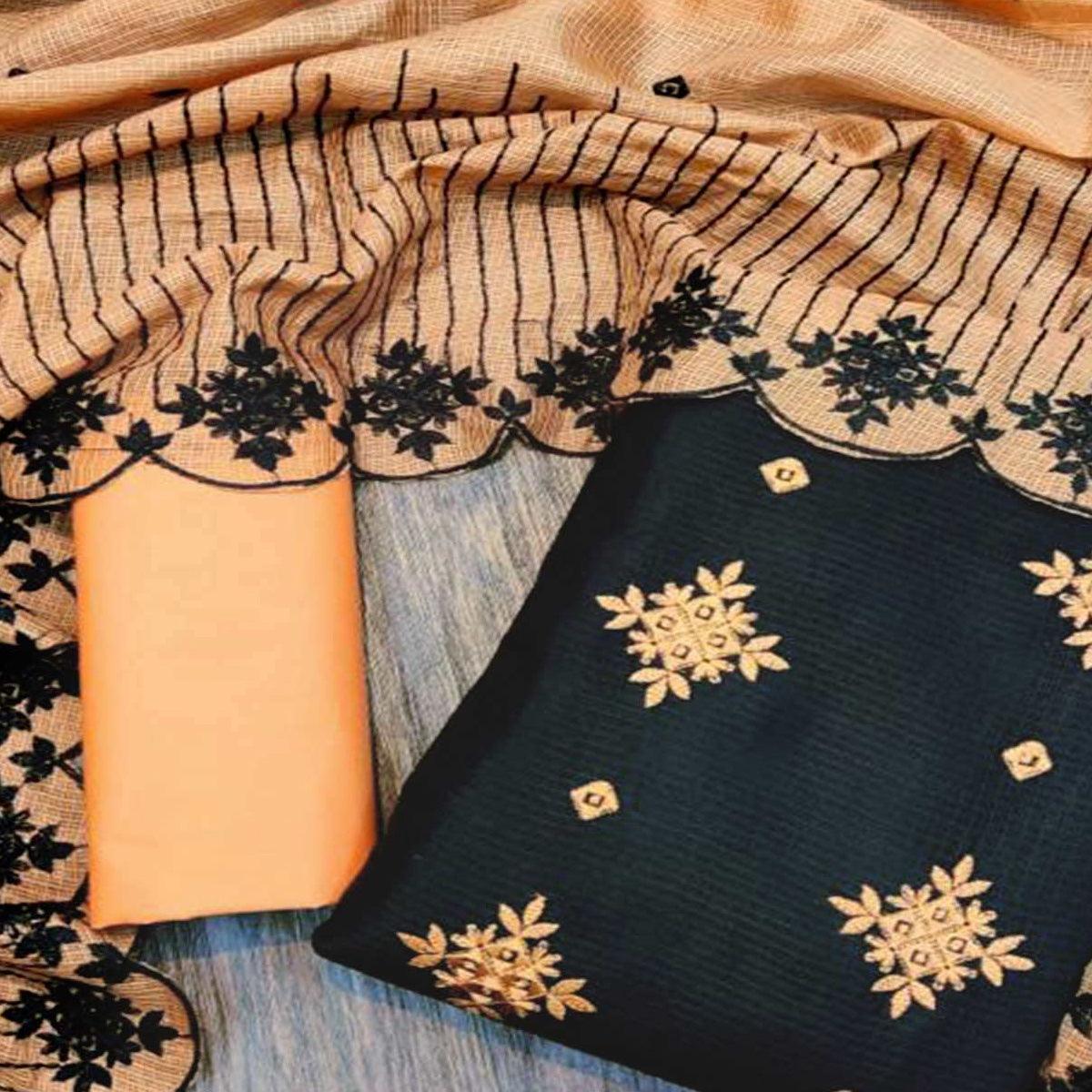 Classy Black - Orange Colored Casual Wear Embroidered Kota Chex Dress Material - Peachmode