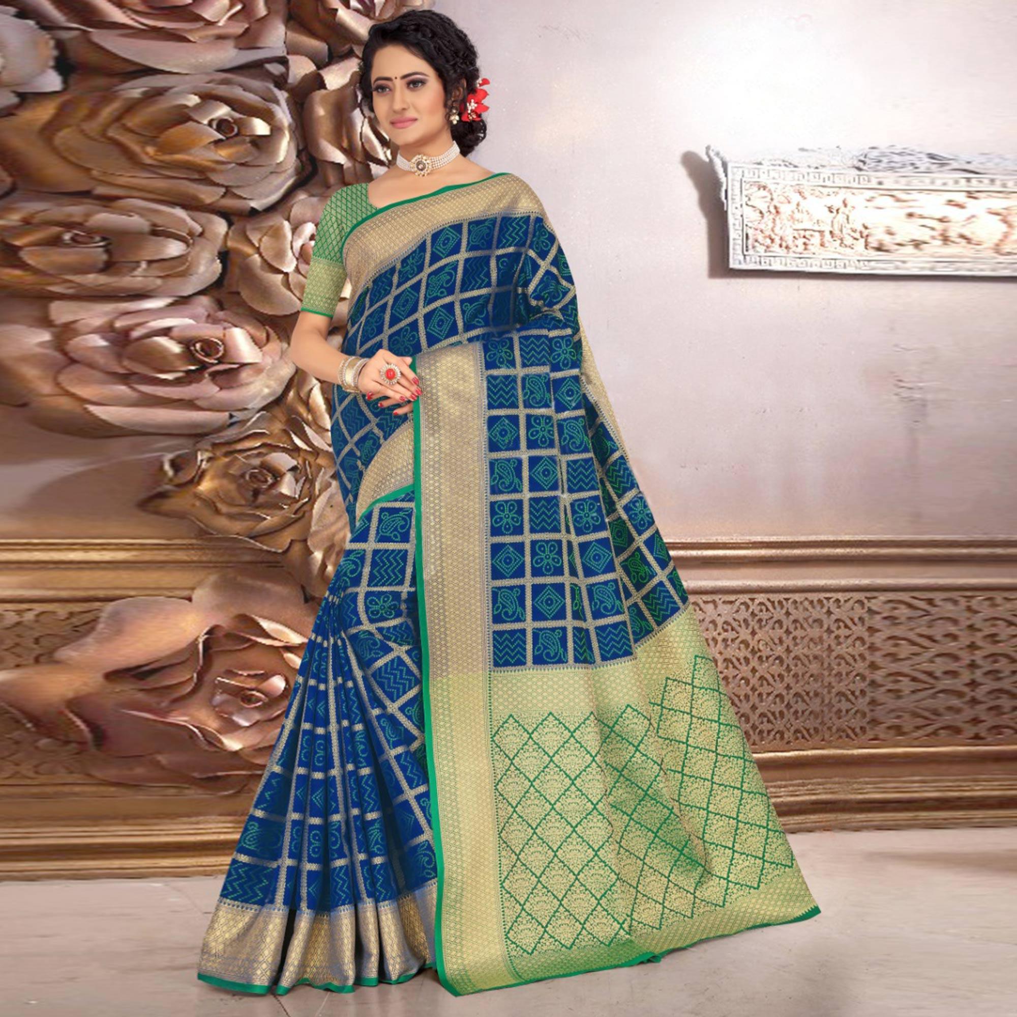 Classy Blue Colored Festive Wear Woven Banarasi Silk Saree - Peachmode