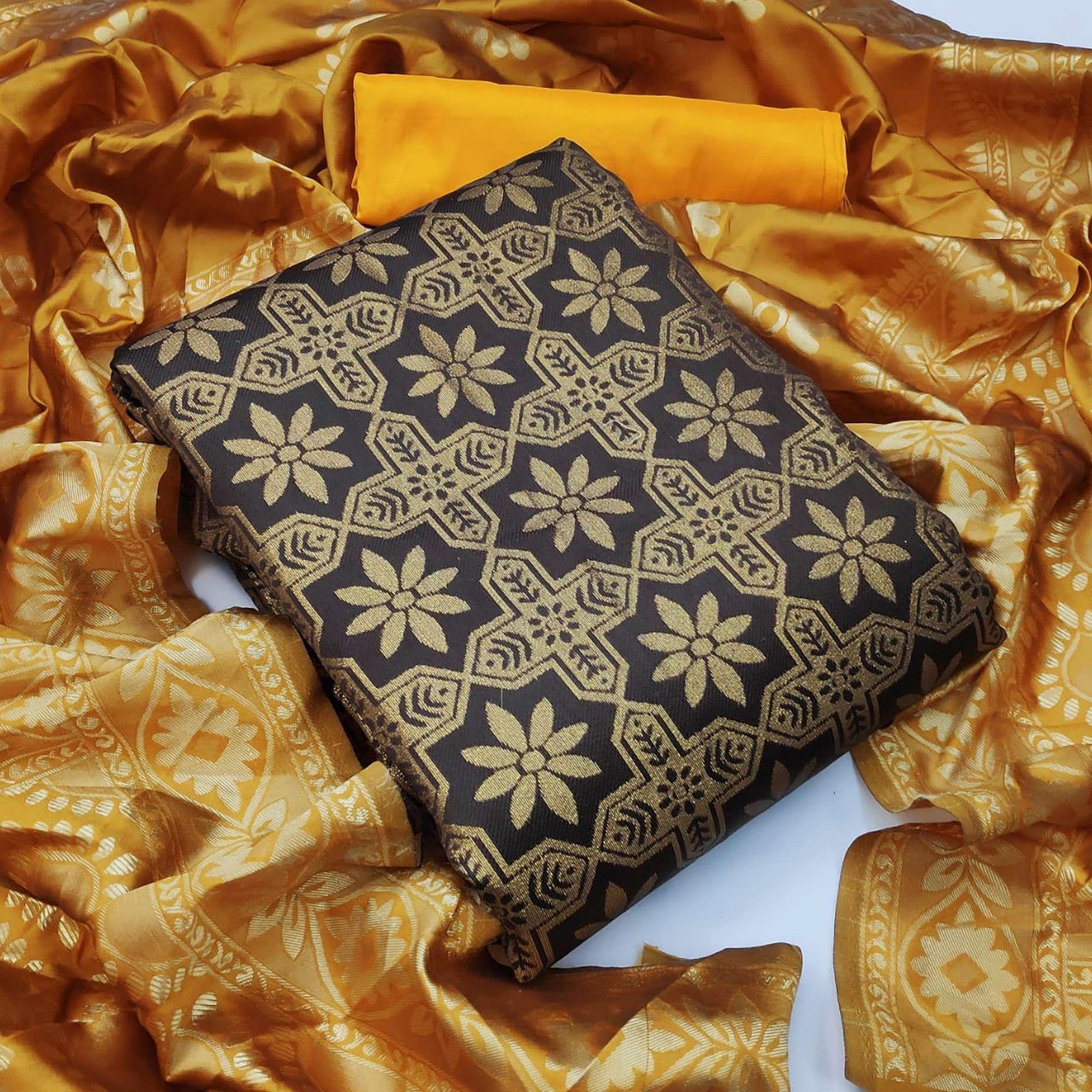 Classy Brown Colored Casual Wear Woven Banarasi Silk Dress Material - Peachmode