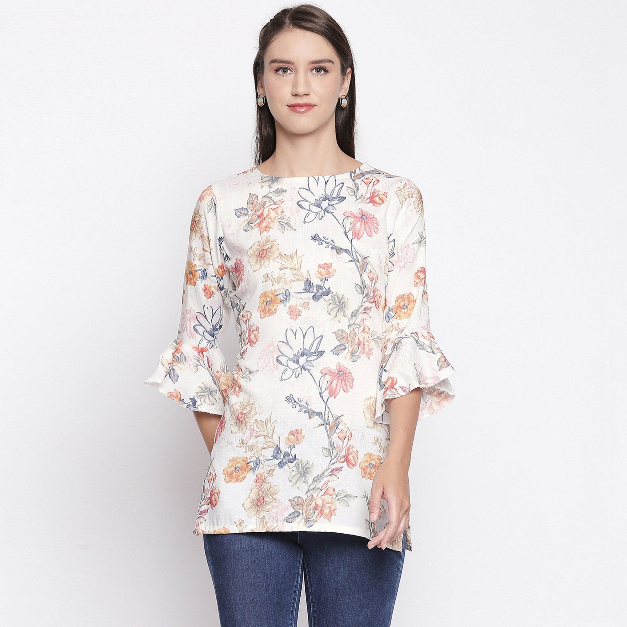 Classy Cream Colored Casual Wear Floral Printed Cotton Top - Peachmode