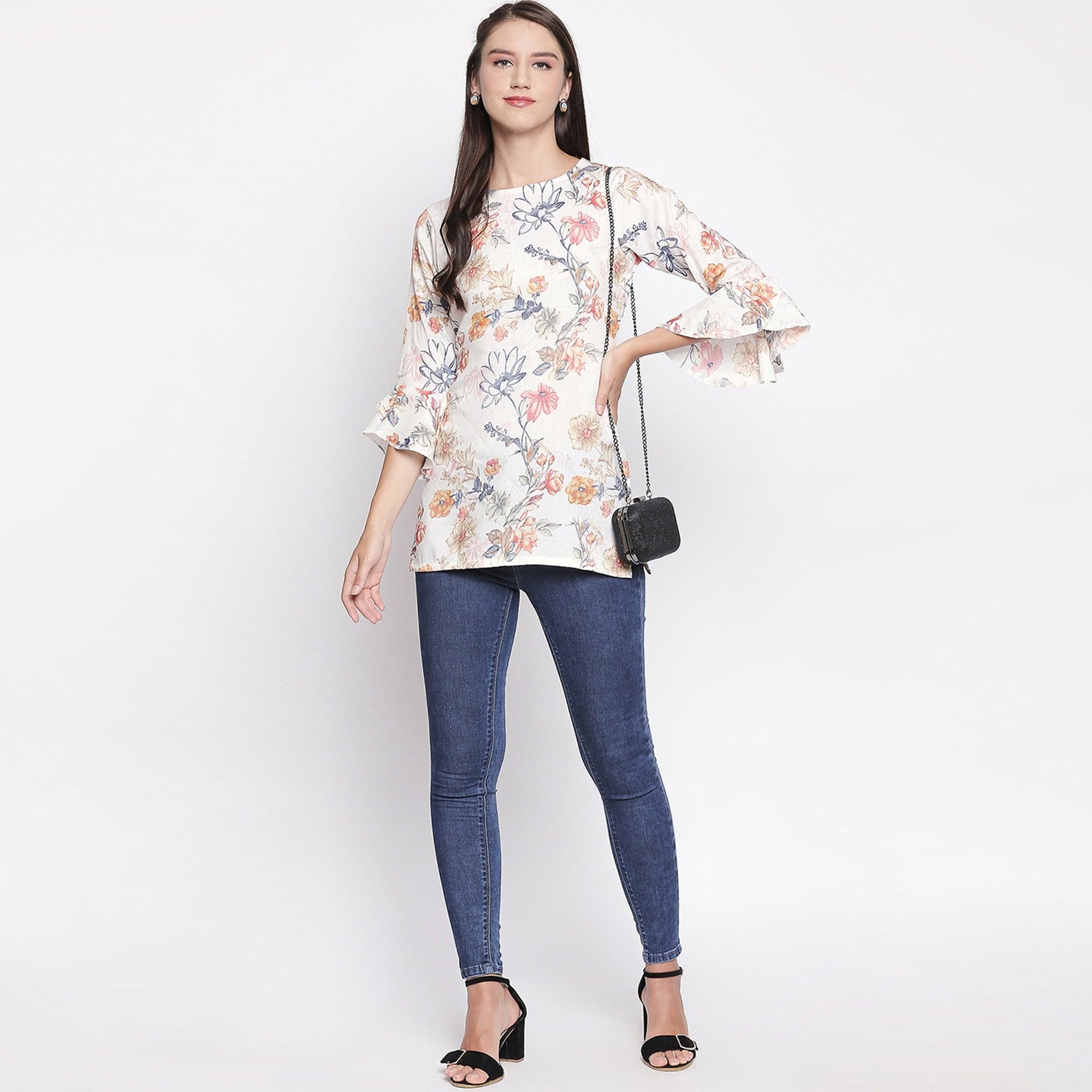 Classy Cream Colored Casual Wear Floral Printed Cotton Top - Peachmode