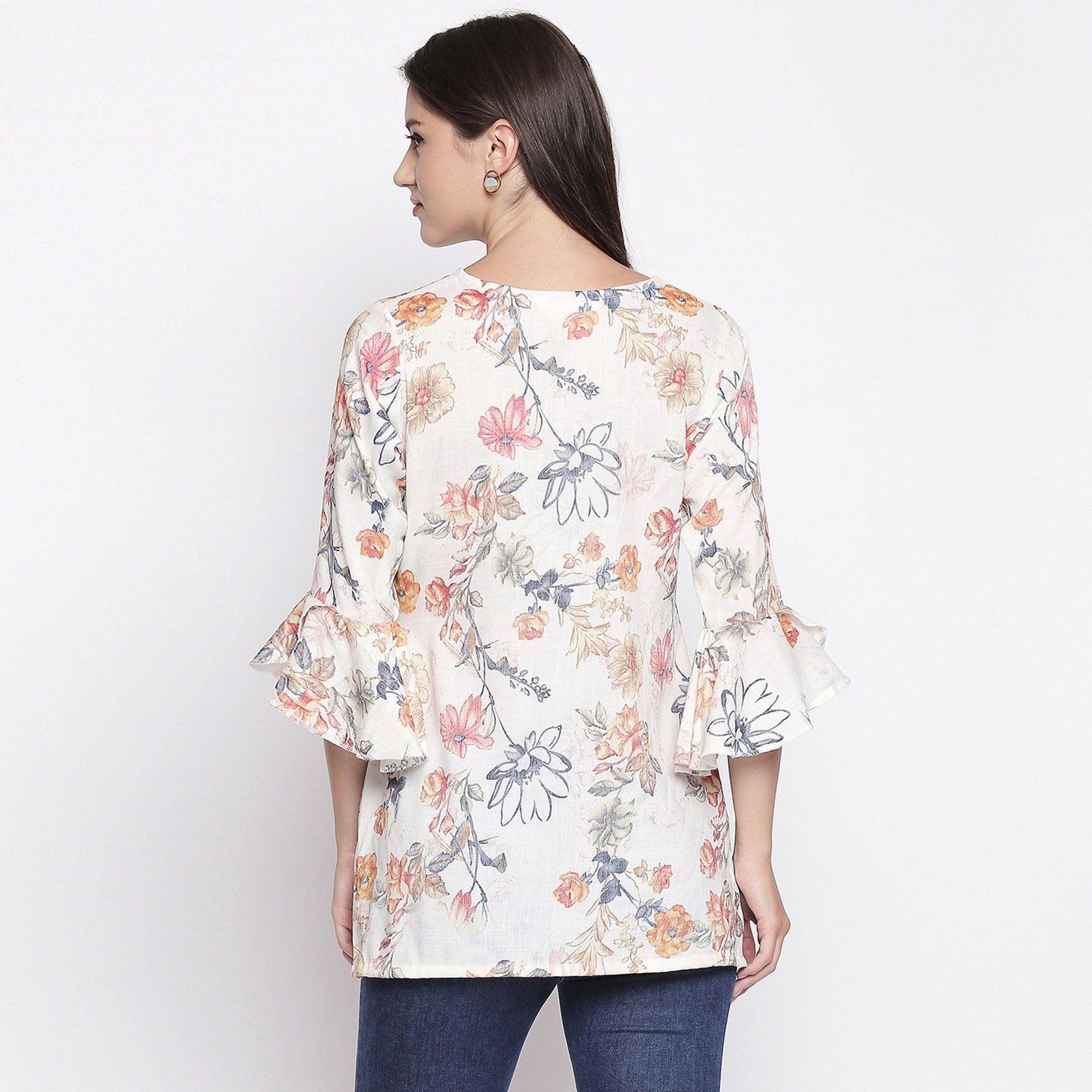 Classy Cream Colored Casual Wear Floral Printed Cotton Top - Peachmode