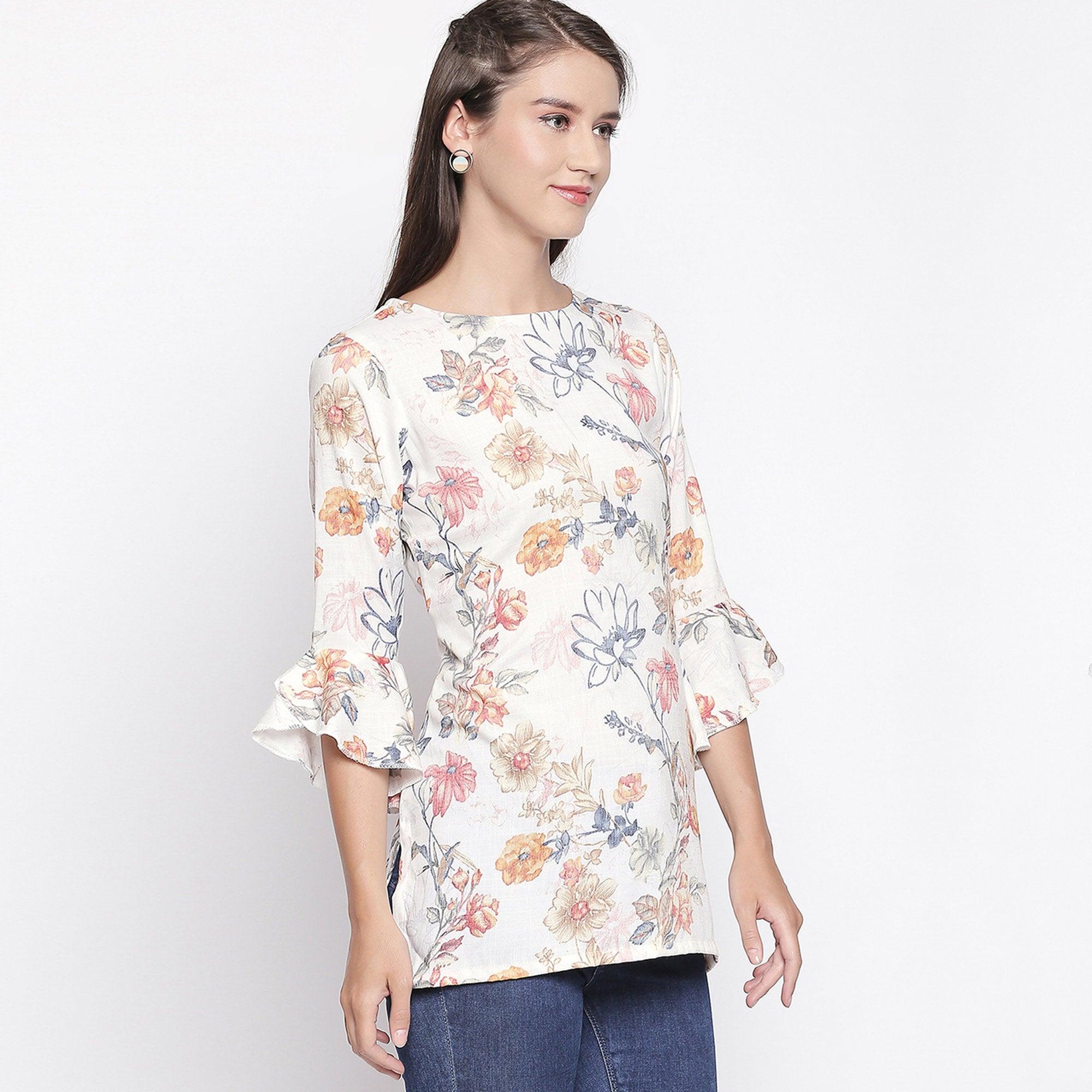 Classy Cream Colored Casual Wear Floral Printed Cotton Top - Peachmode