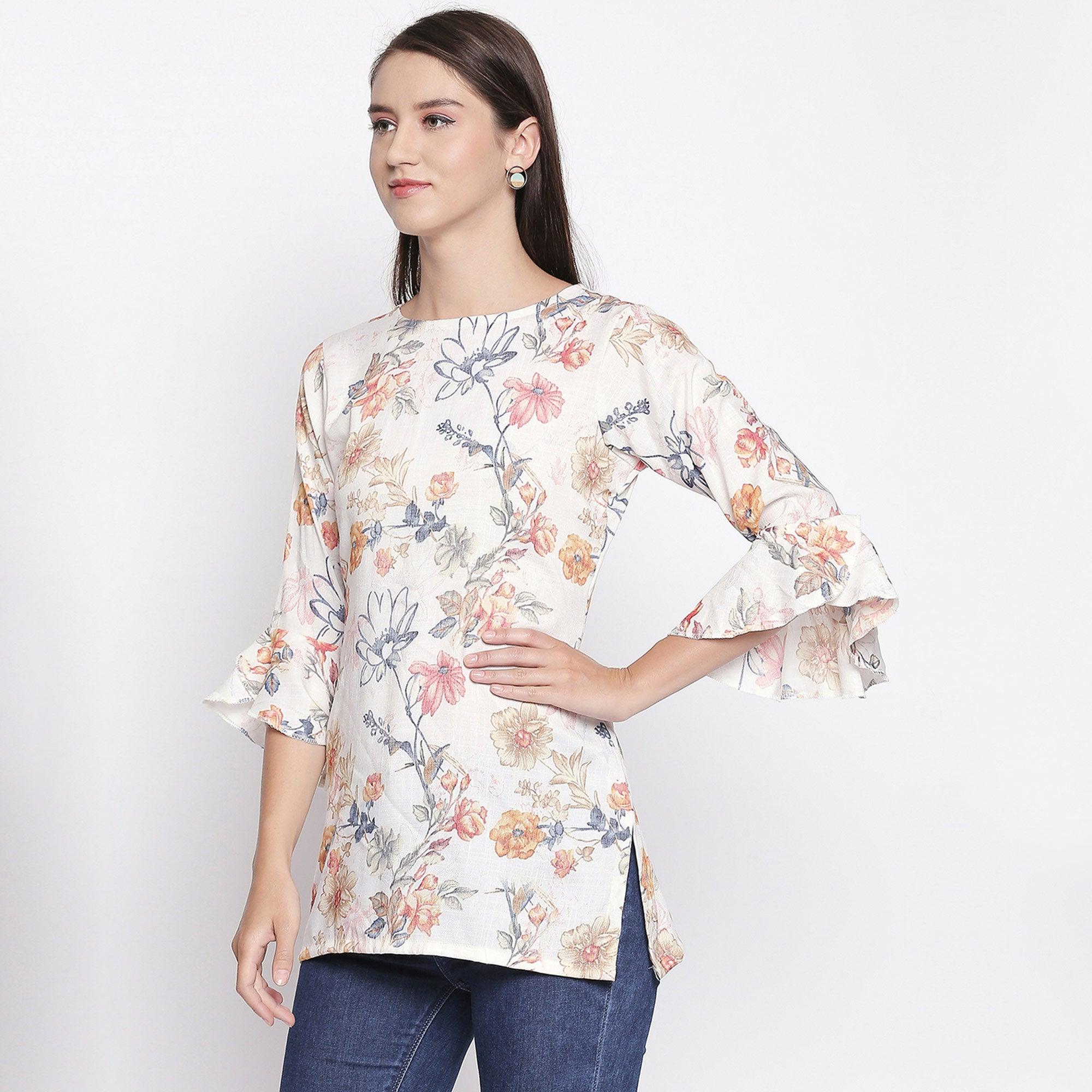 Classy Cream Colored Casual Wear Floral Printed Cotton Top - Peachmode