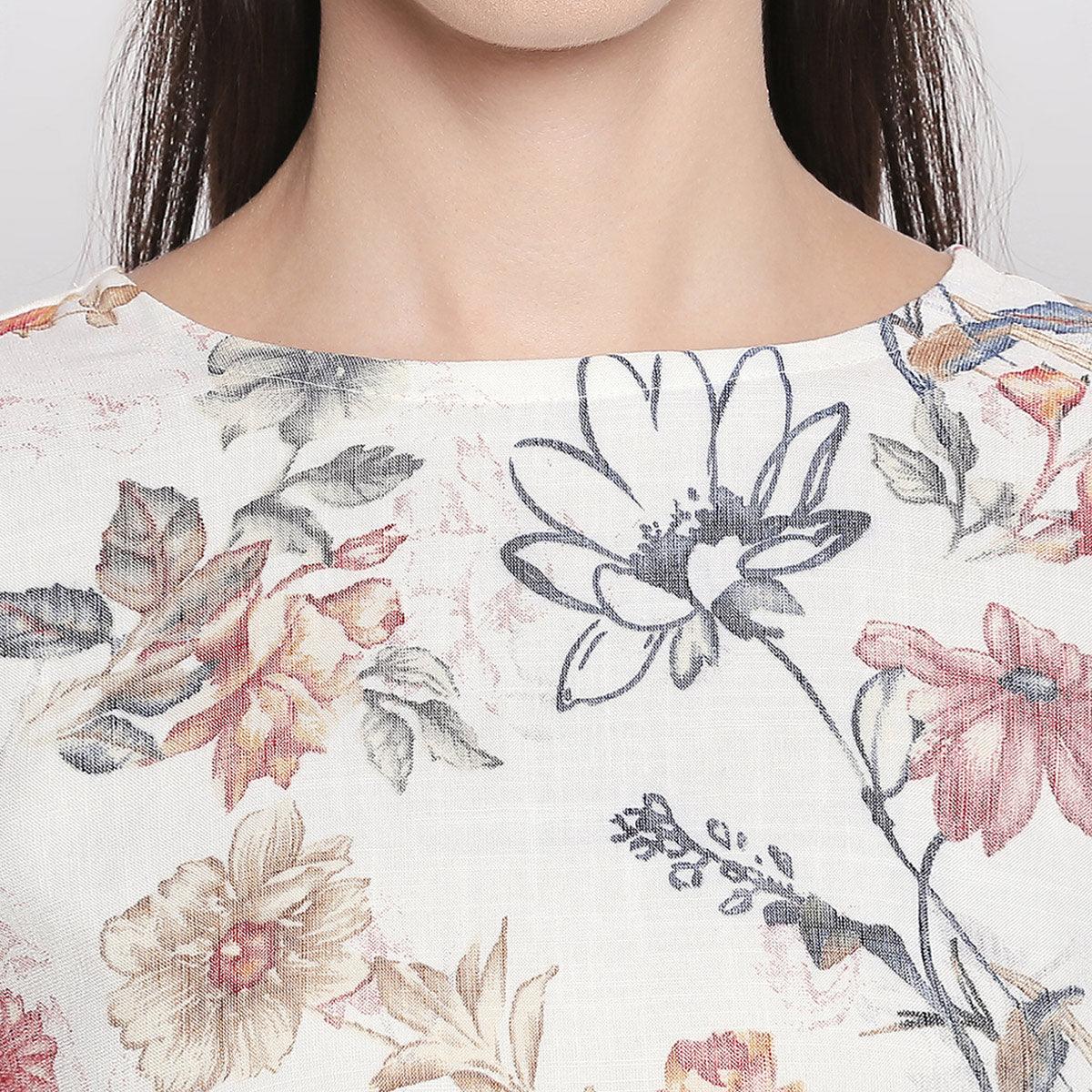 Classy Cream Colored Casual Wear Floral Printed Cotton Top - Peachmode