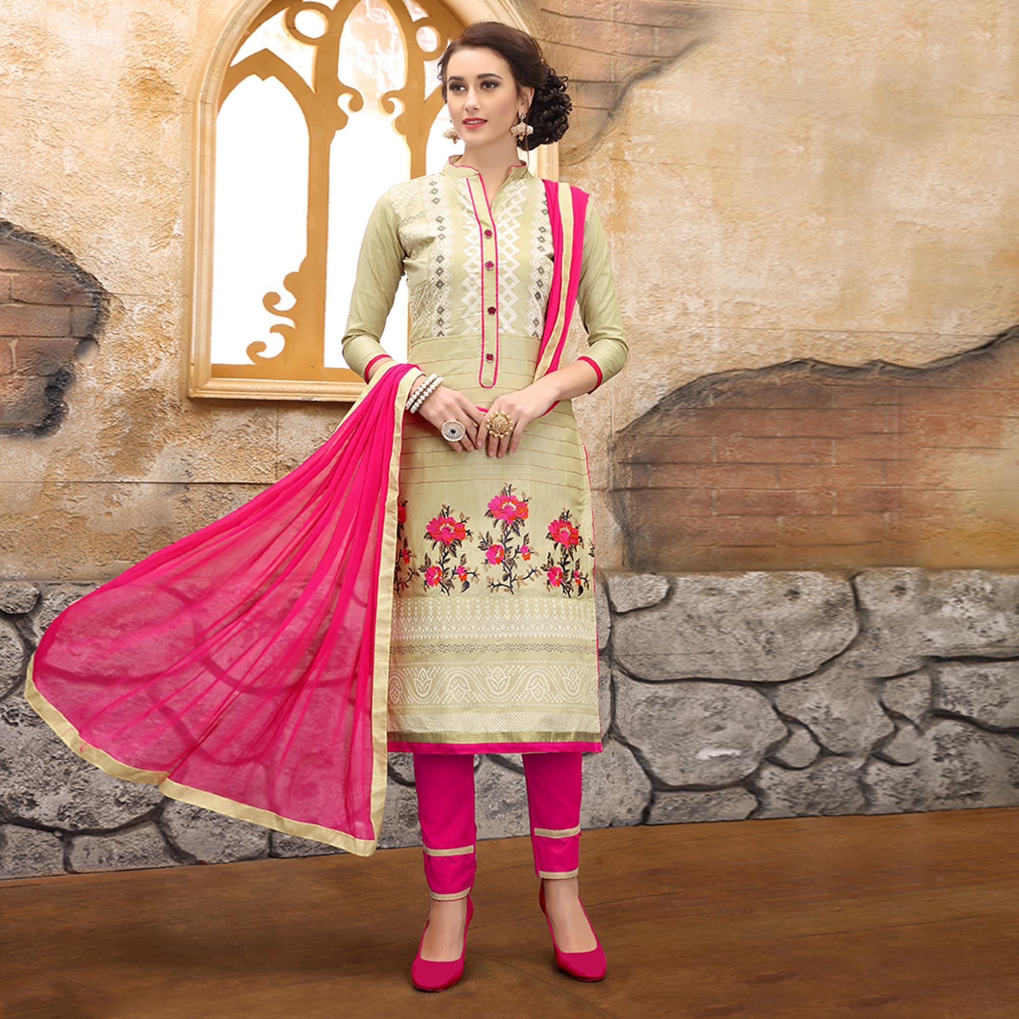Classy Cream Colored Party Wear Embroidered Cotton Dress Material - Peachmode