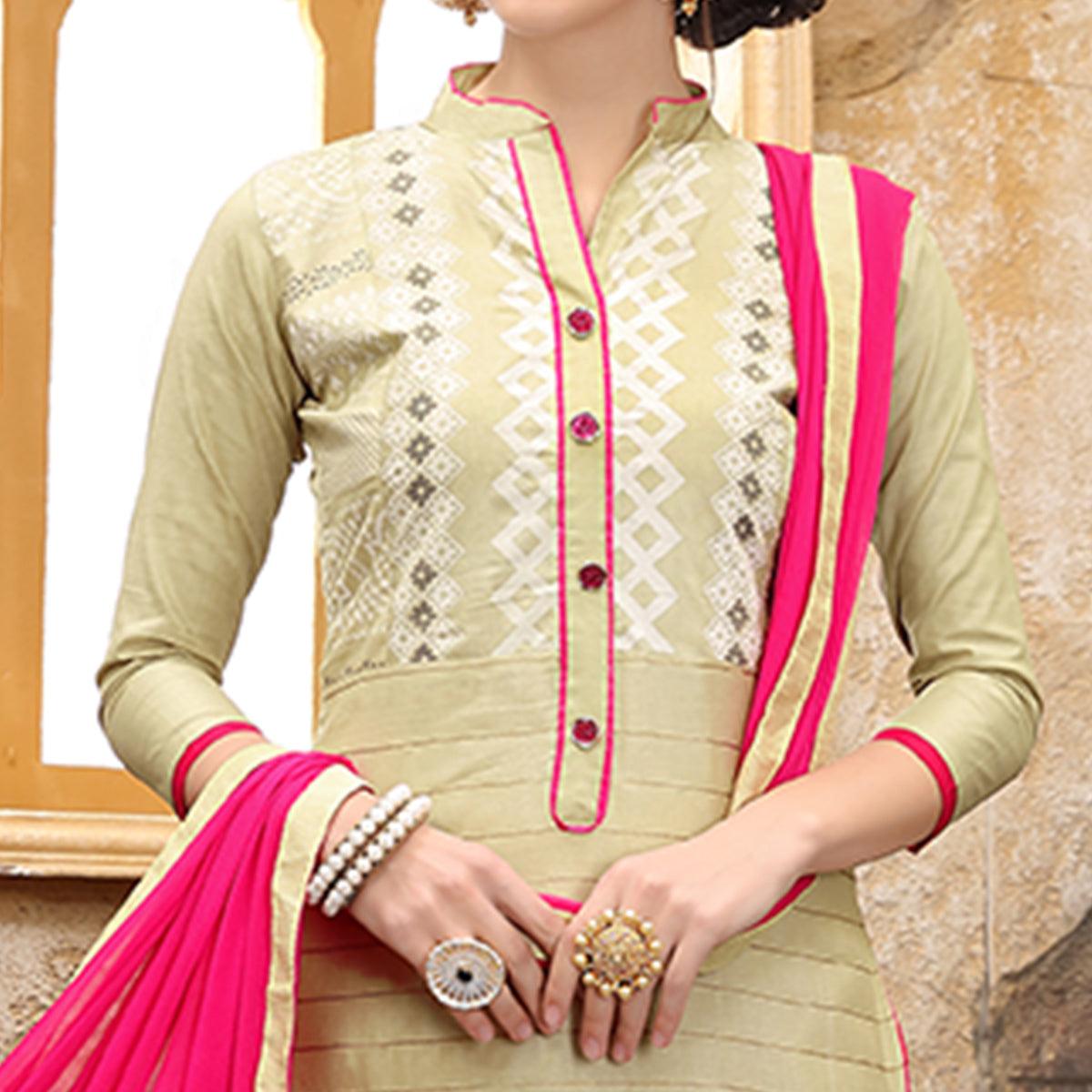 Classy Cream Colored Party Wear Embroidered Cotton Dress Material - Peachmode