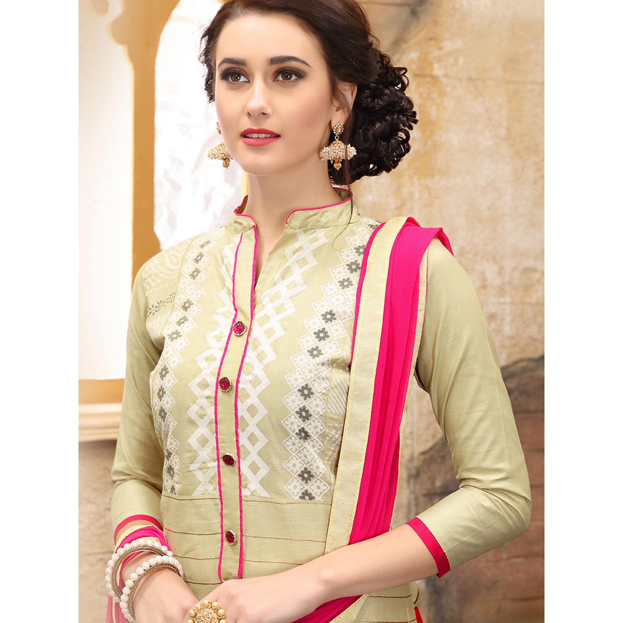 Classy Cream Colored Party Wear Embroidered Cotton Dress Material - Peachmode