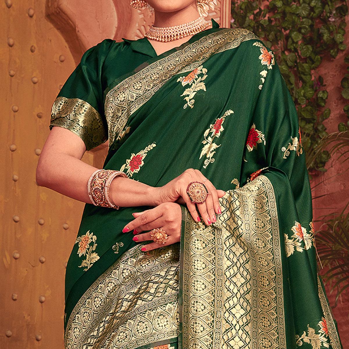 Classy Dark Green Colored Festive Wear Woven Designer Silk Saree - Peachmode
