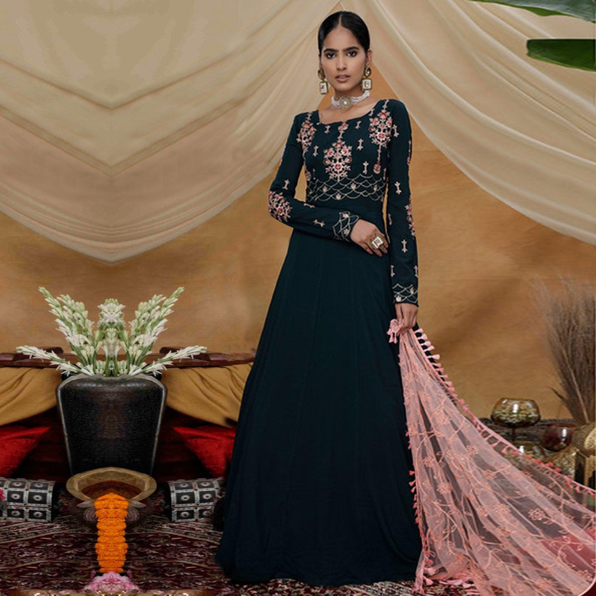 Classy Dark Green Colored Partywear Embroidered Georgette Anarkali Suit - Peachmode