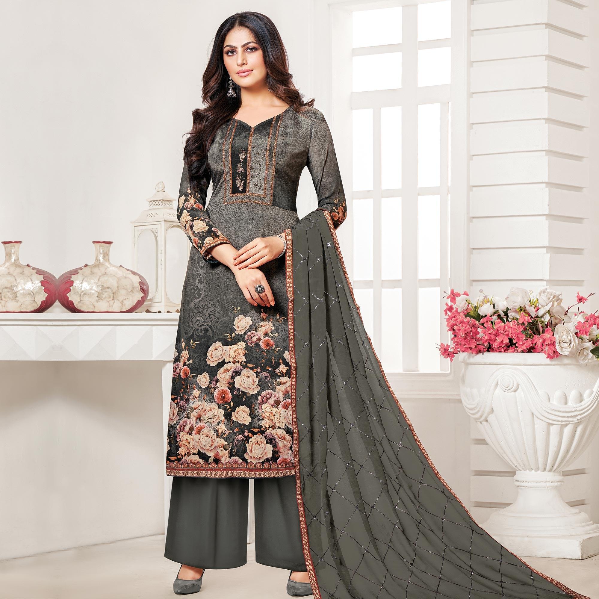 Classy Dark Grey Colored Digital Printed Pure Muslin Silk Dress Material - Peachmode