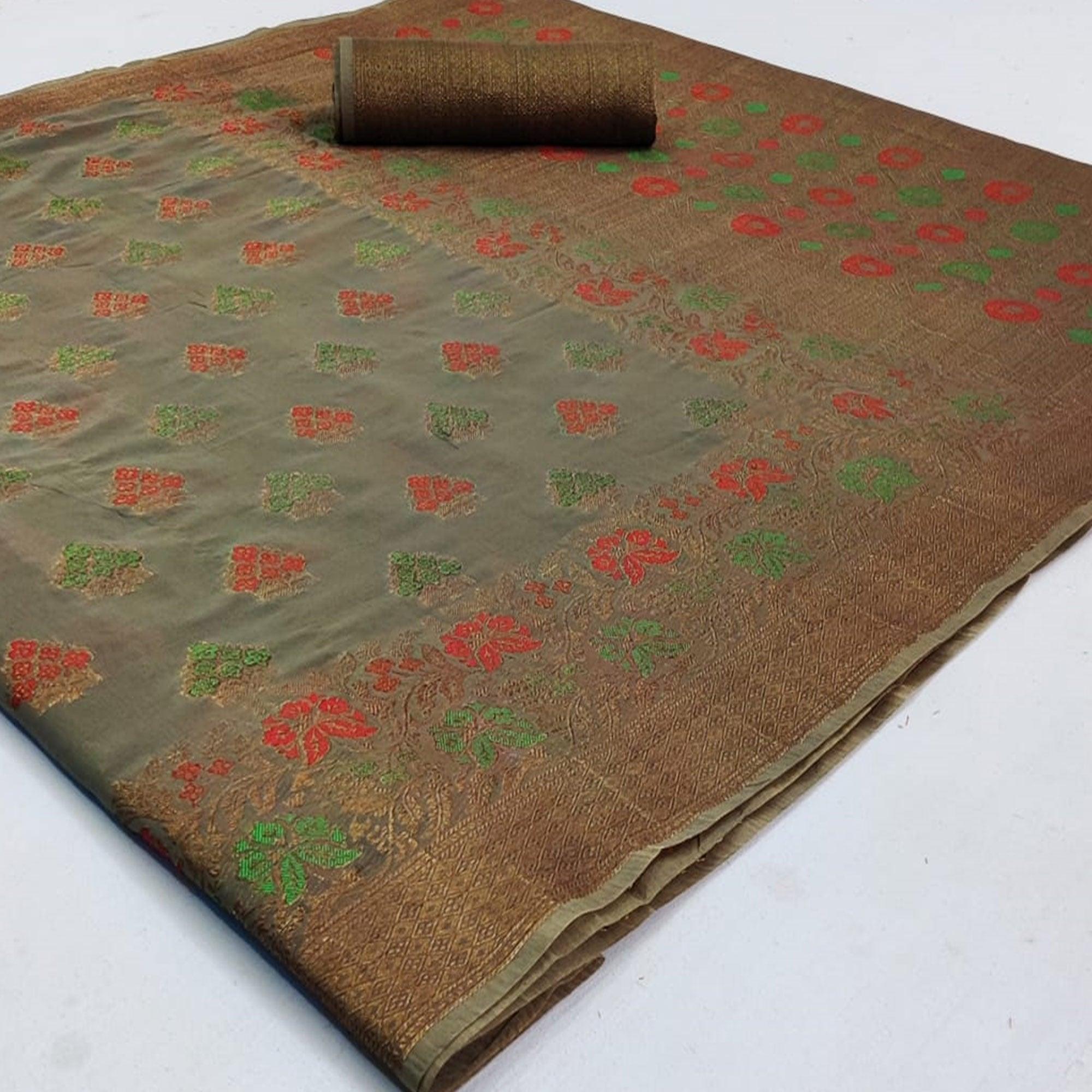 Classy Dark Grey Colored Festive Wear Woven Cotton Saree - Peachmode