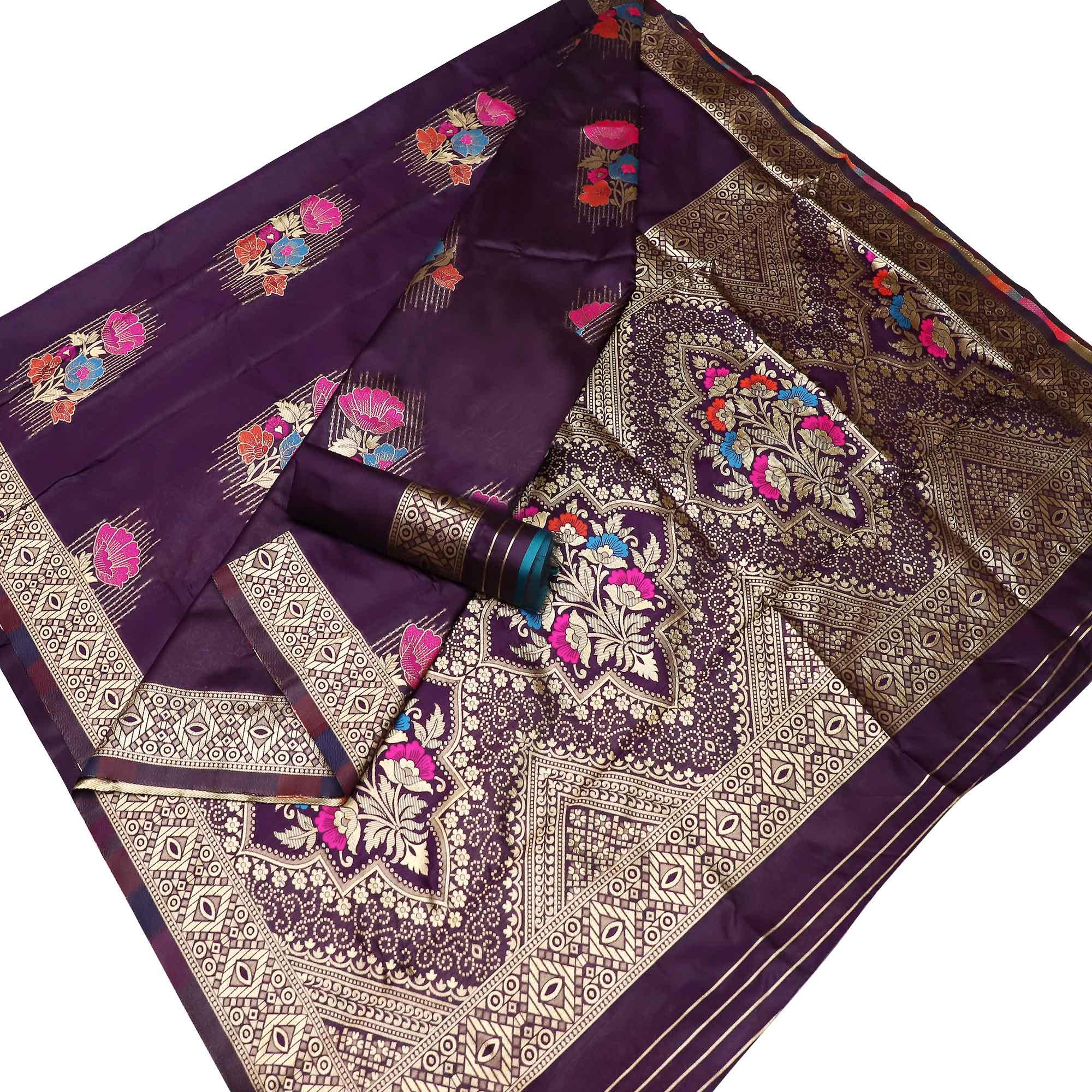 Classy Dark Purple Colored Festive Wear Woven Banarasi Silk Saree - Peachmode