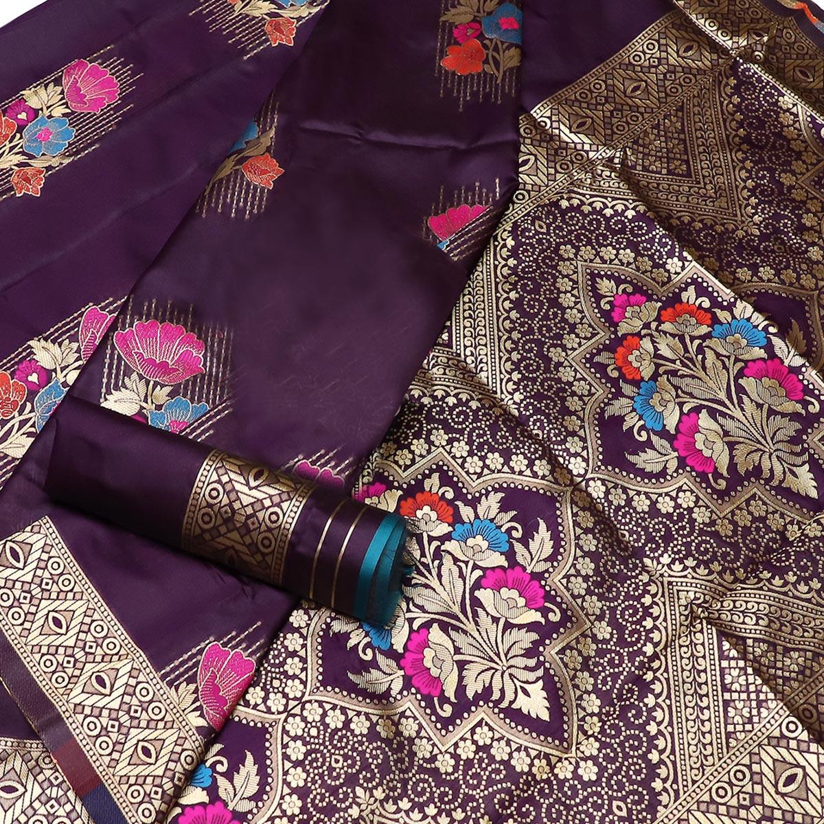 Classy Dark Purple Colored Festive Wear Woven Banarasi Silk Saree - Peachmode