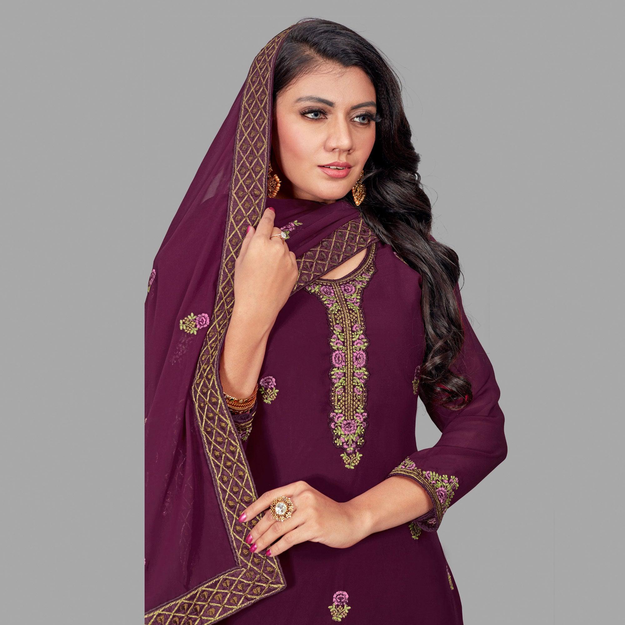 Classy Dark Rani Colored Party Wear Floral Embroidered Georgette Suit - Peachmode