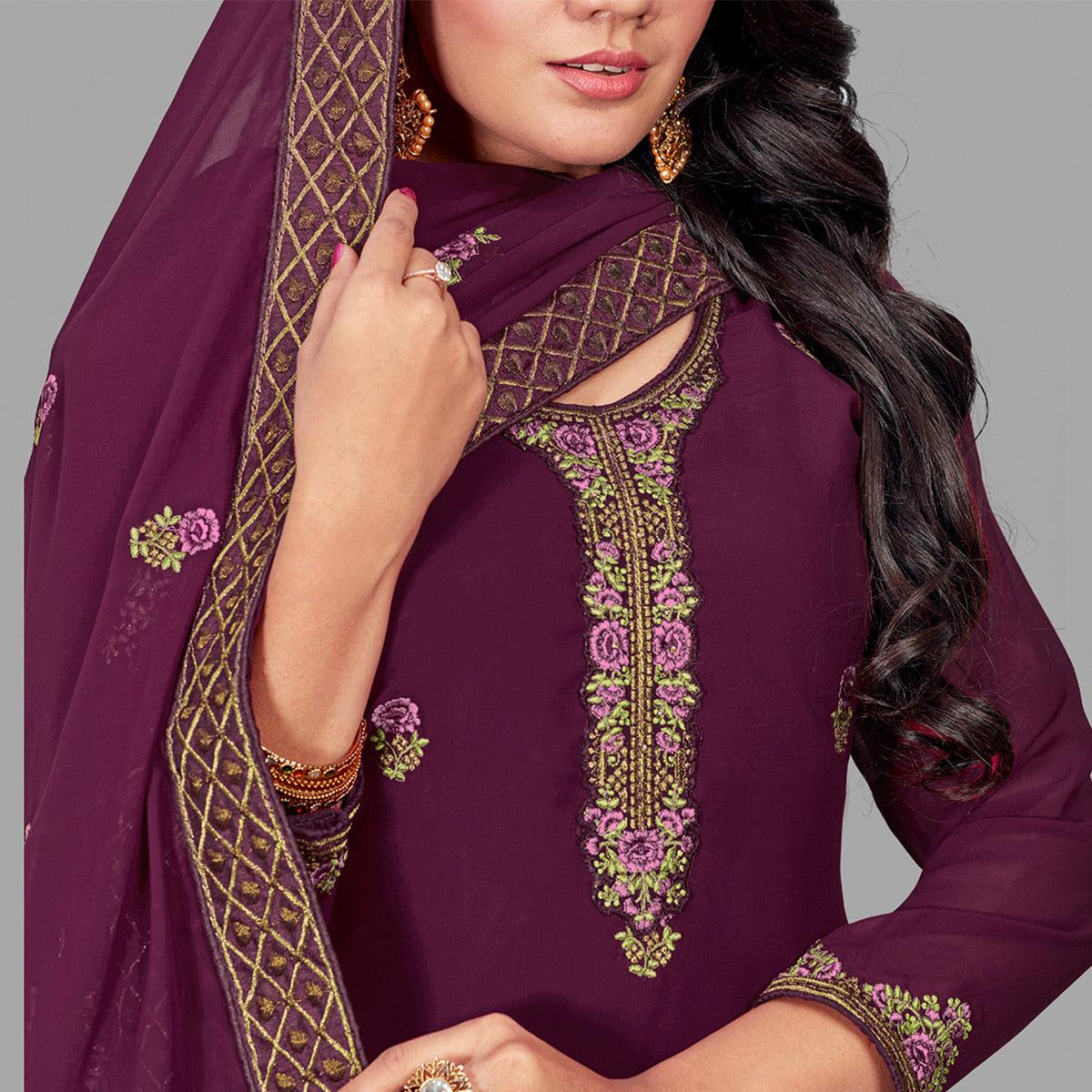 Classy Dark Rani Colored Party Wear Floral Embroidered Georgette Suit - Peachmode