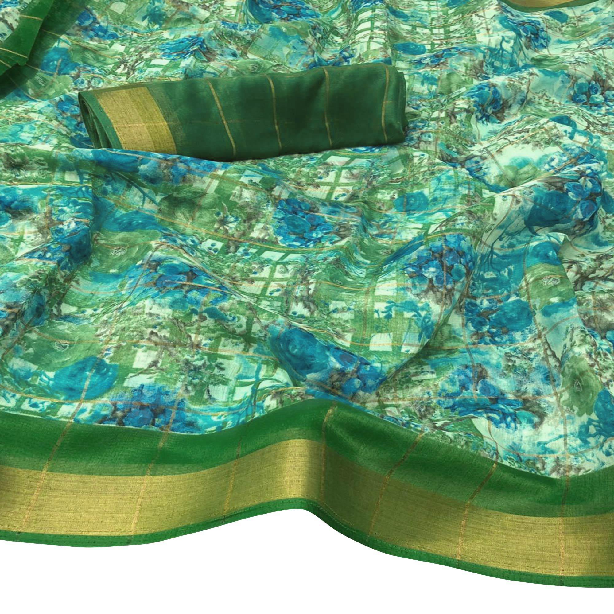 Classy Green Colored Casual Floral Printed Cotton Saree - Peachmode