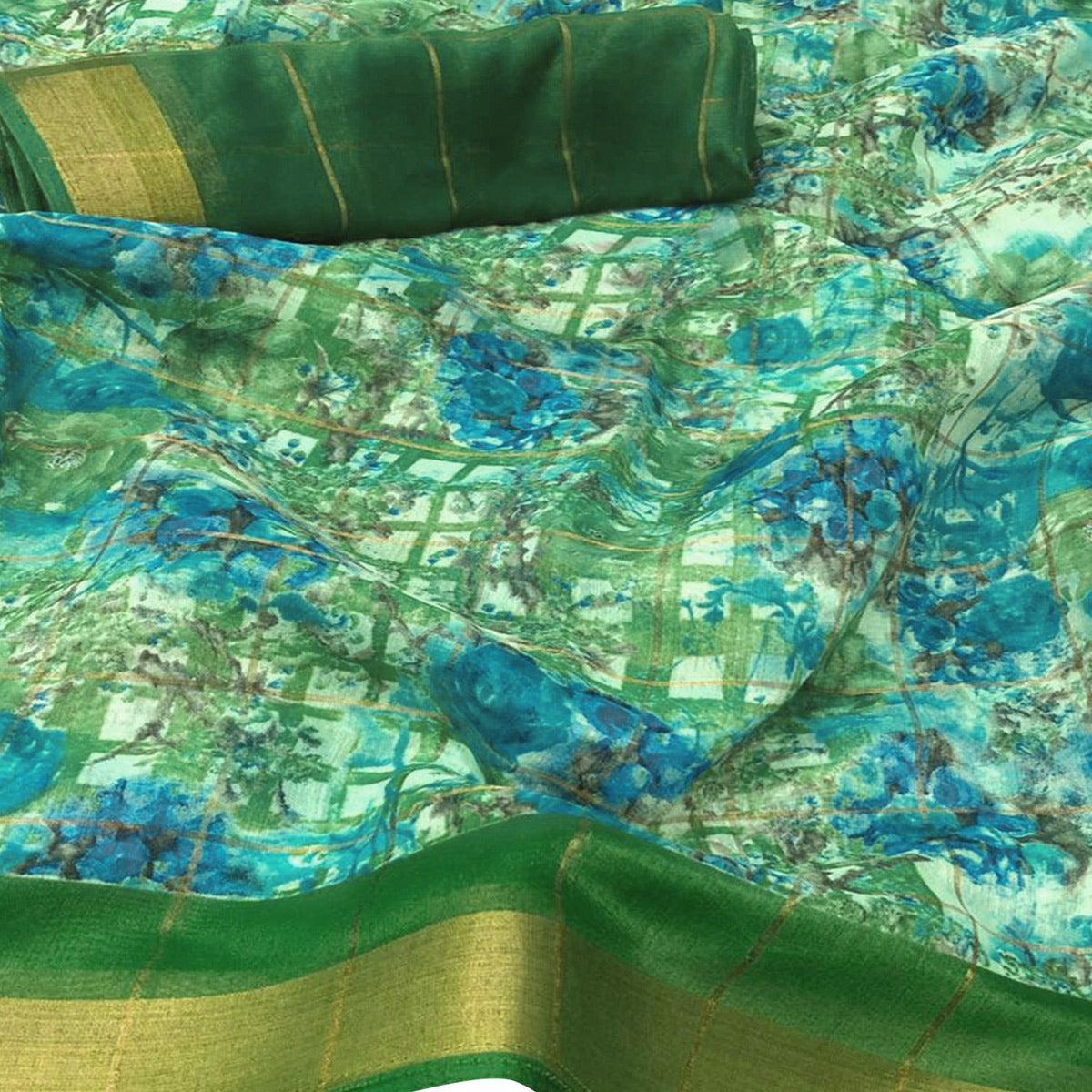 Classy Green Colored Casual Floral Printed Cotton Saree - Peachmode