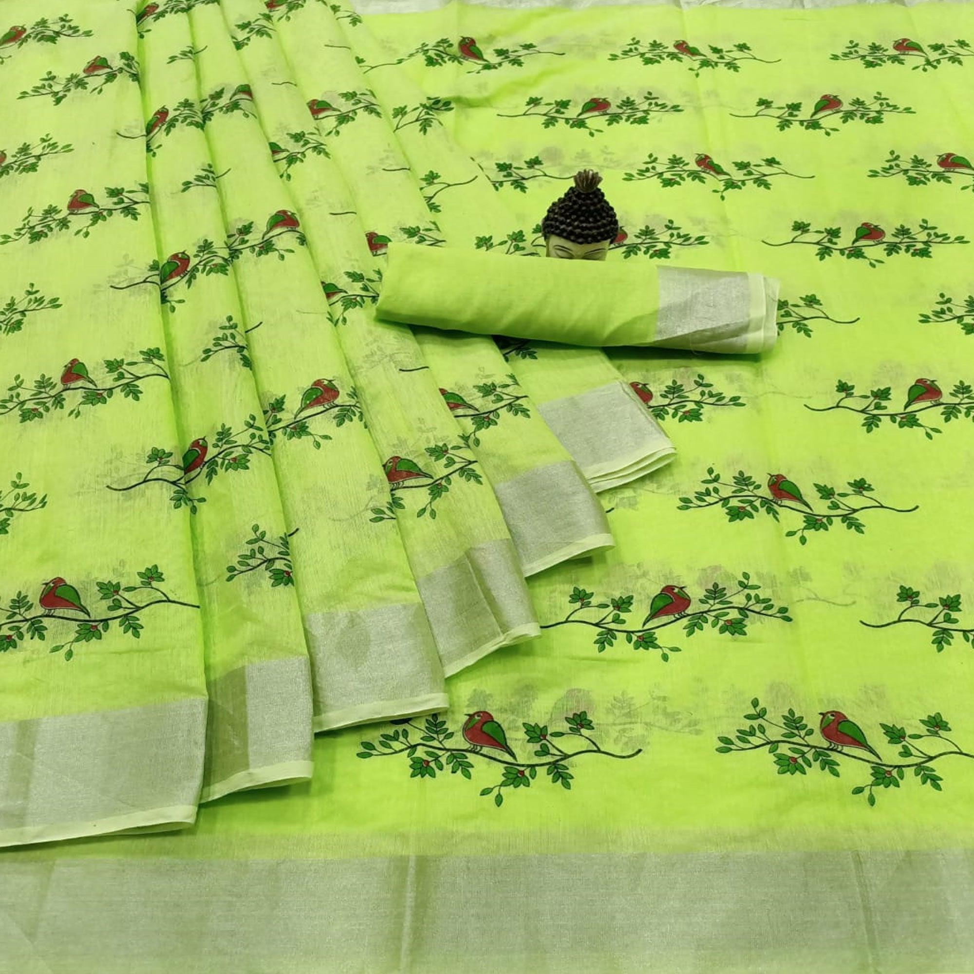Classy Green Colored Casual Wear Printed Cotton Linen Saree - Peachmode