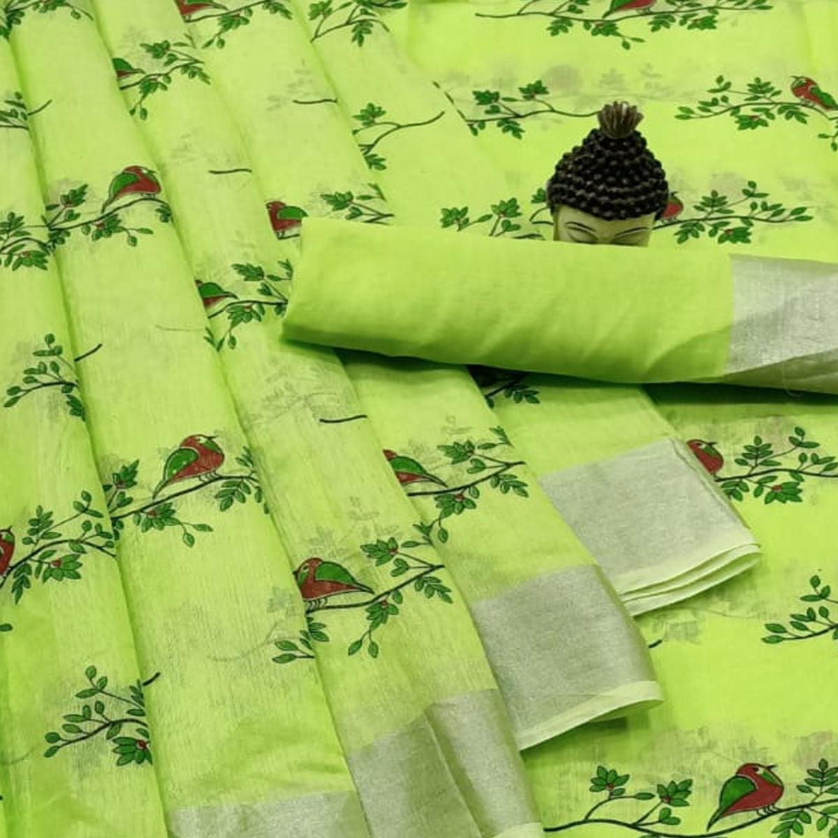 Classy Green Colored Casual Wear Printed Cotton Linen Saree - Peachmode