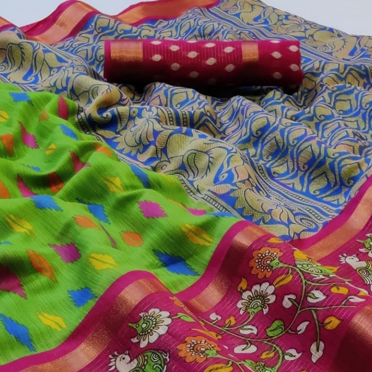 Classy Green Colored Casual Wear Printed Cotton Saree - Peachmode