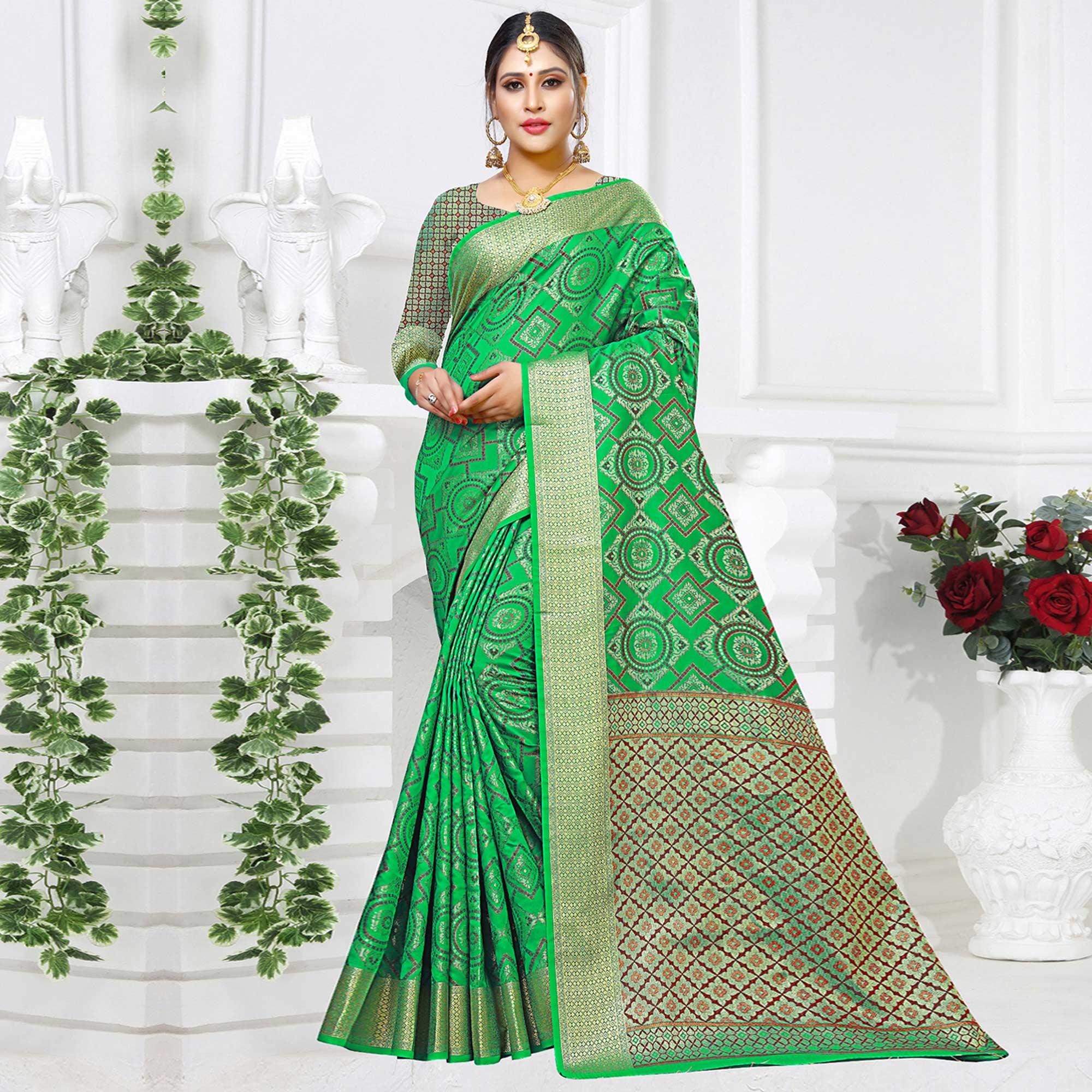 Classy Green Colored Festive Wear Woven Silk Saree - Peachmode
