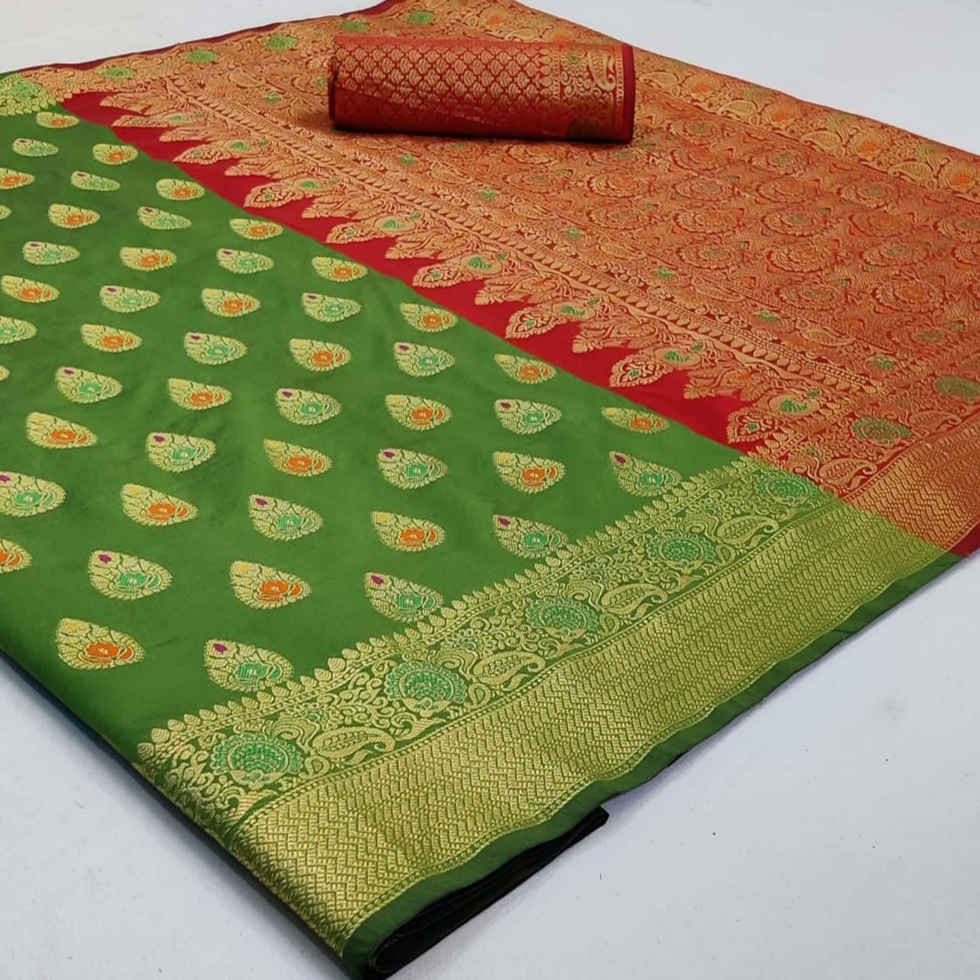 Classy Green Colored Festive Wear Woven Silk Saree - Peachmode