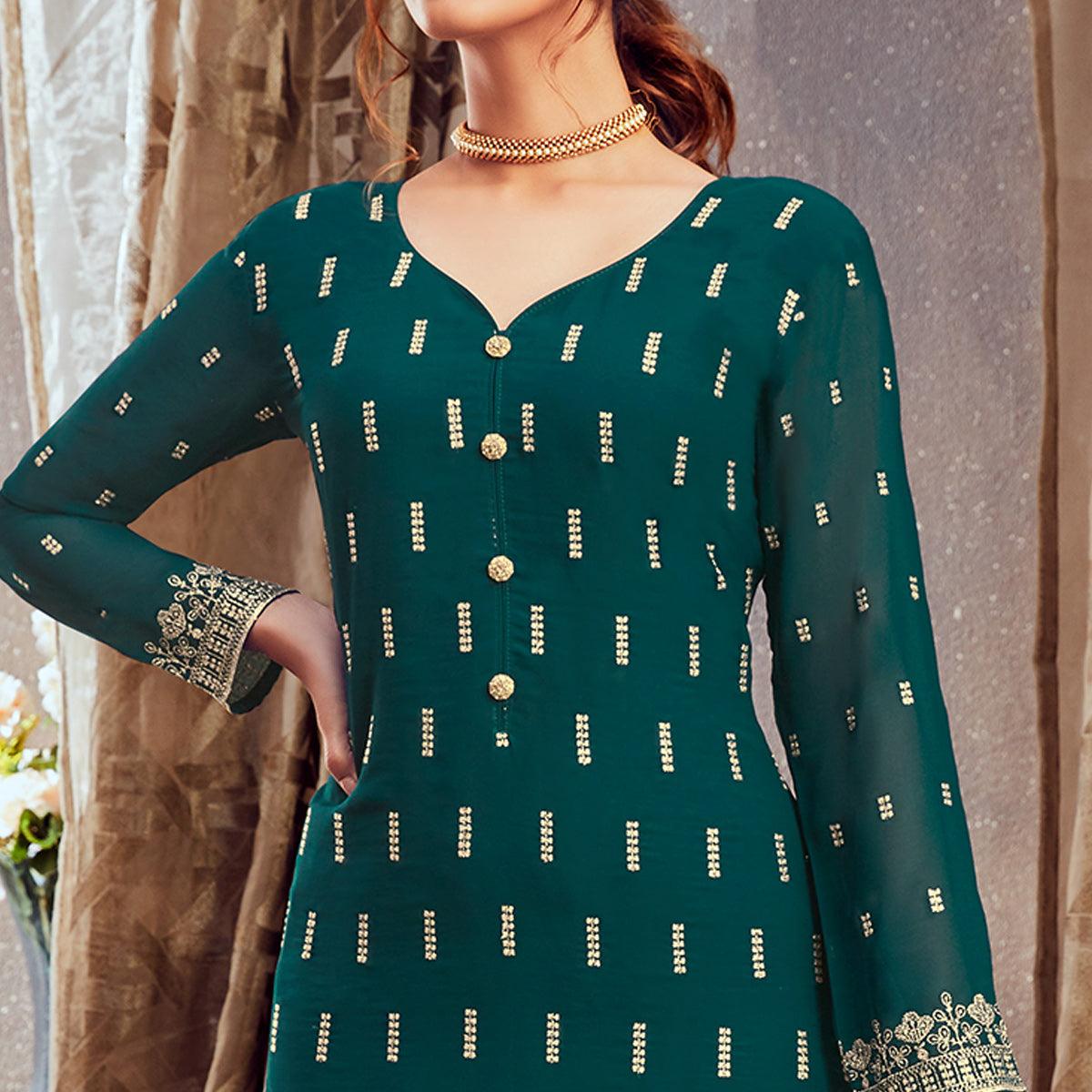 Classy Green Colored Partywear Embroidered Pure Georgette Palazzo Suit - Peachmode