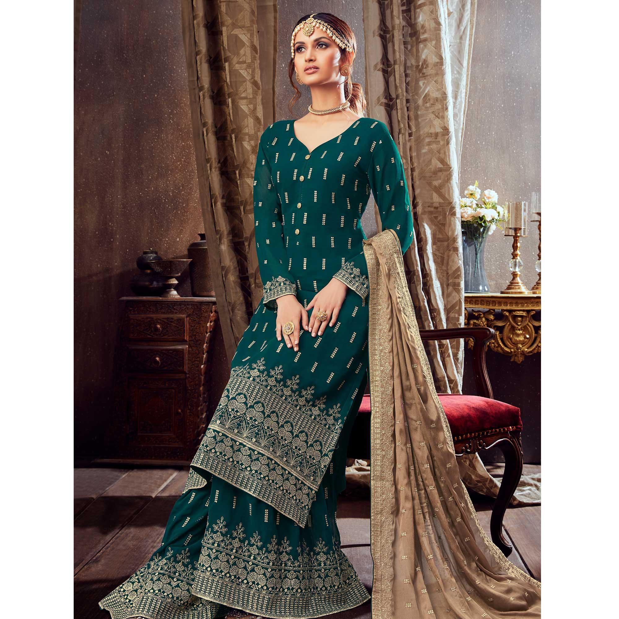 Classy Green Colored Partywear Embroidered Pure Georgette Palazzo Suit - Peachmode