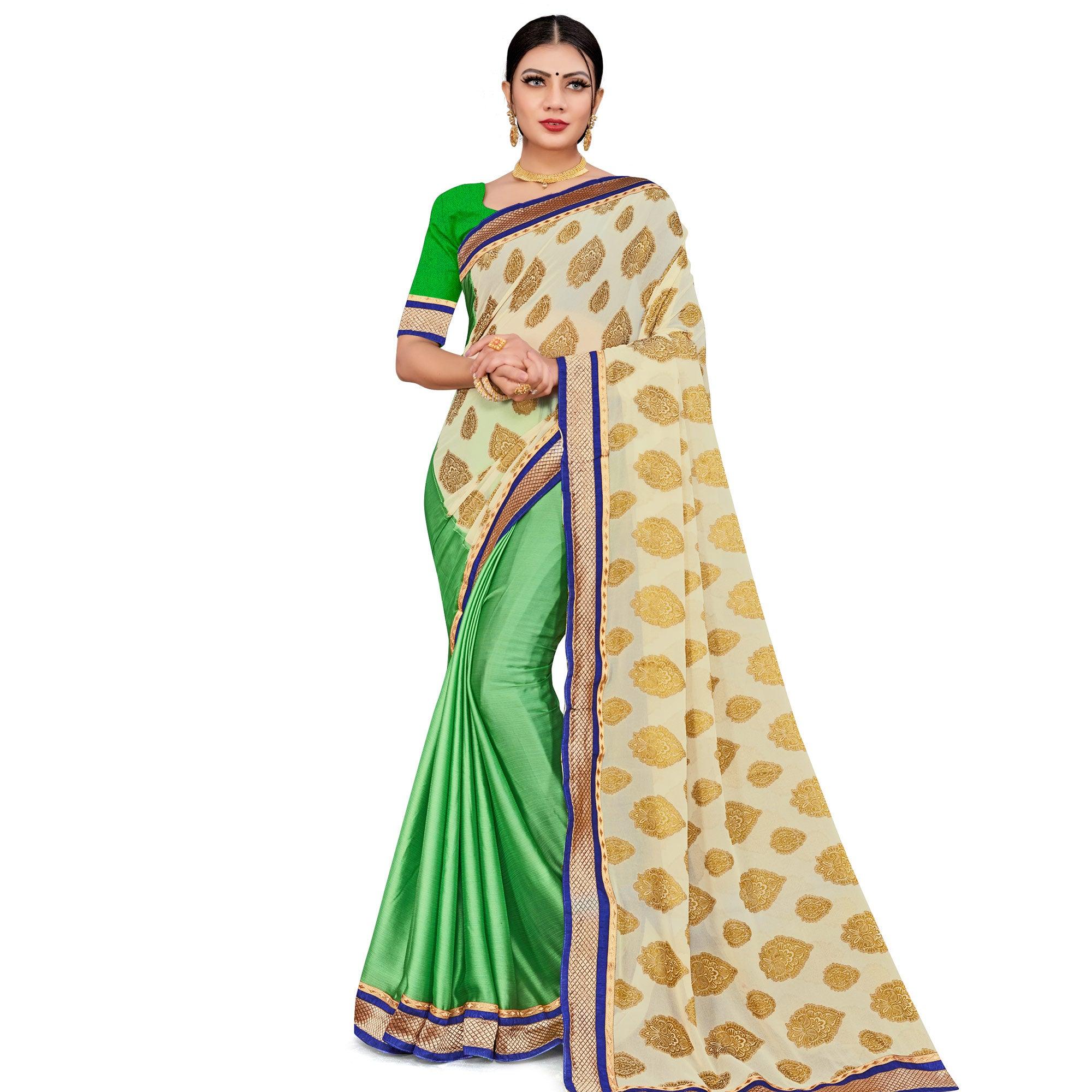 Classy Green-Cream Colored party Wear Georgette Half-Half Saree - Peachmode