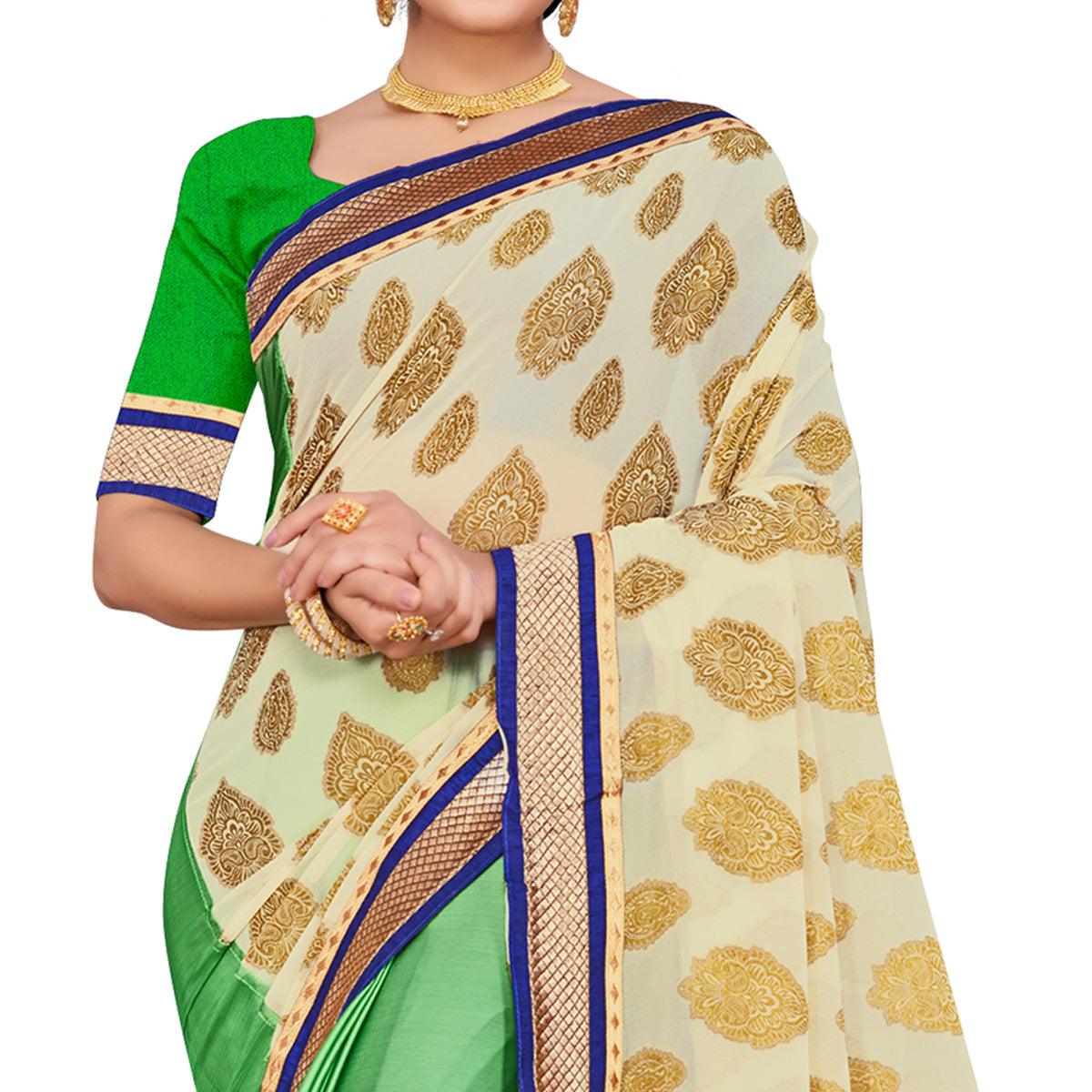 Classy Green-Cream Colored party Wear Georgette Half-Half Saree - Peachmode