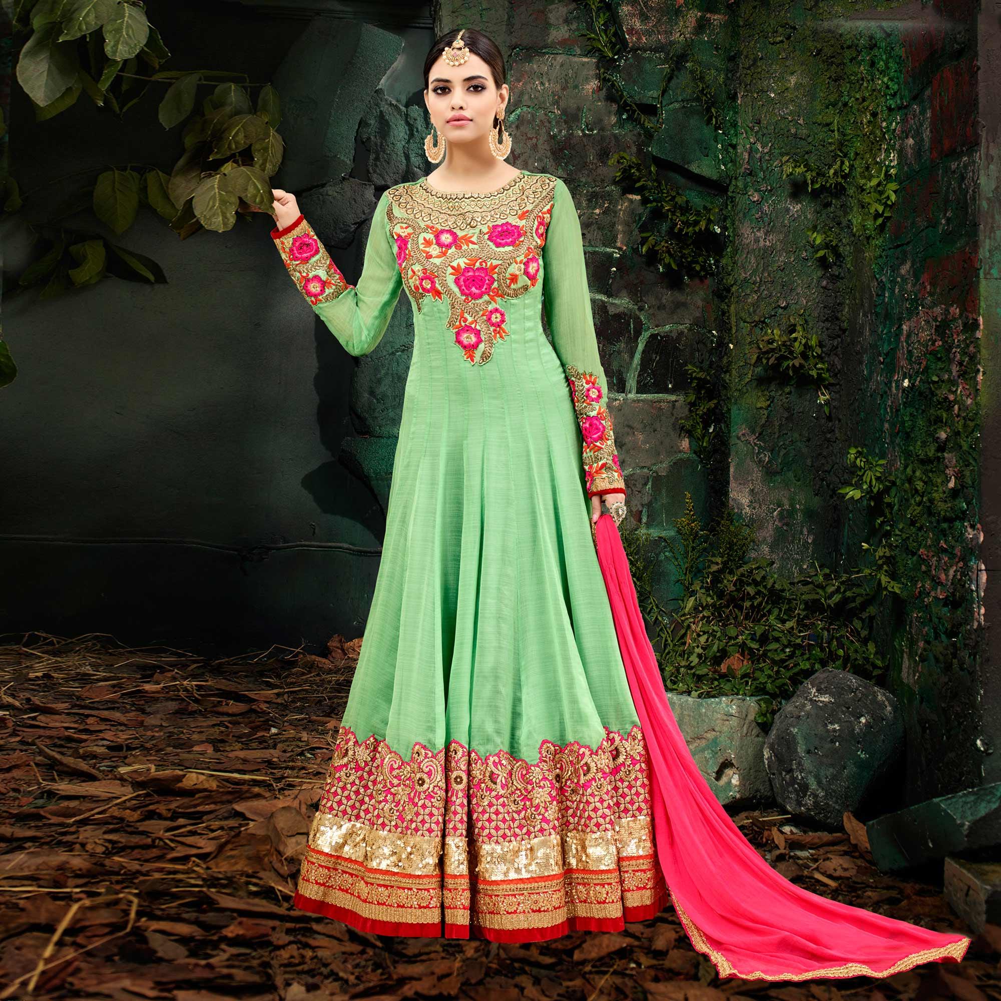 Classy Green Georgette Chiffon Designer Anarkali Suit - Peachmode