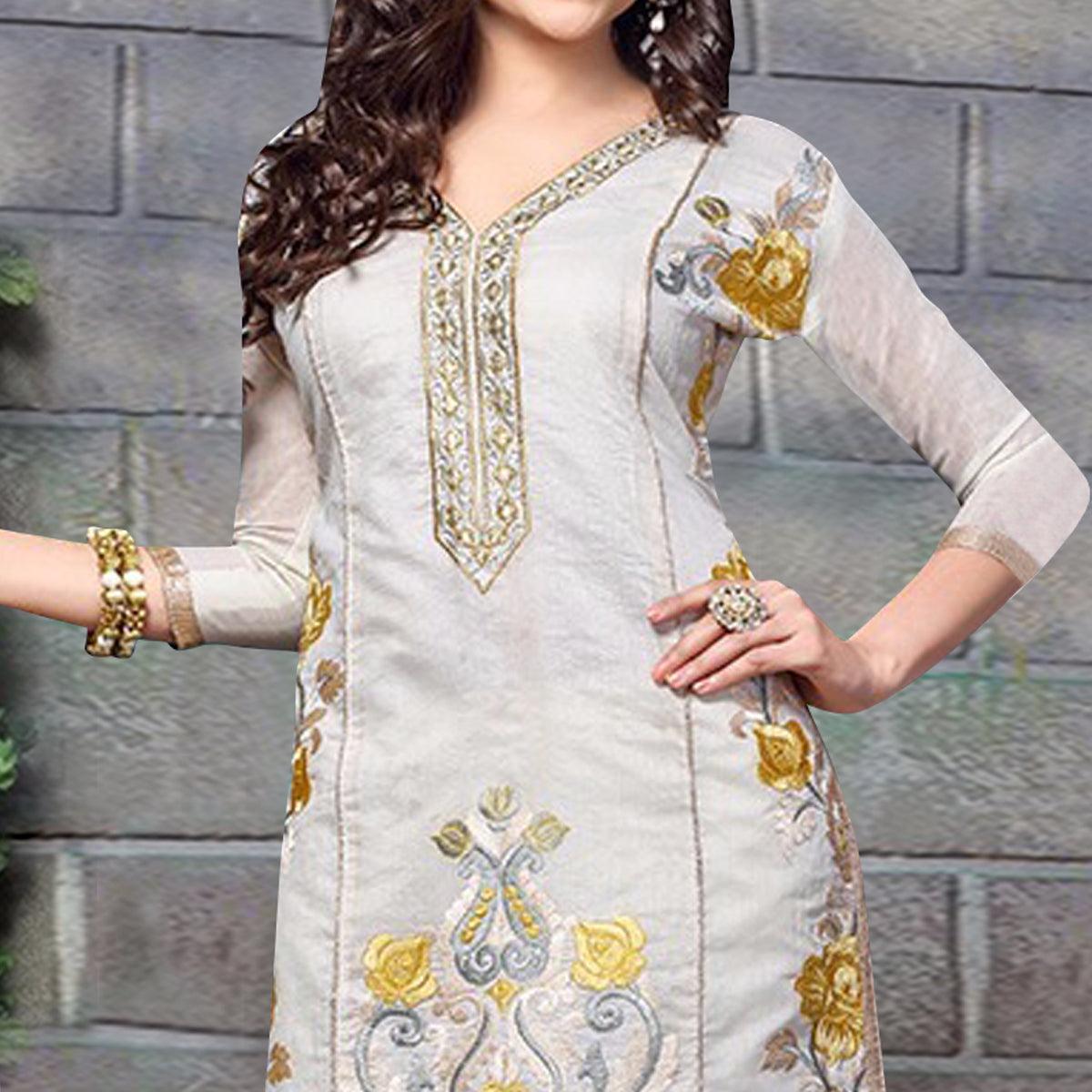 Classy Grey Colored Party Wear Embroidered Chanderi Dress Material - Peachmode