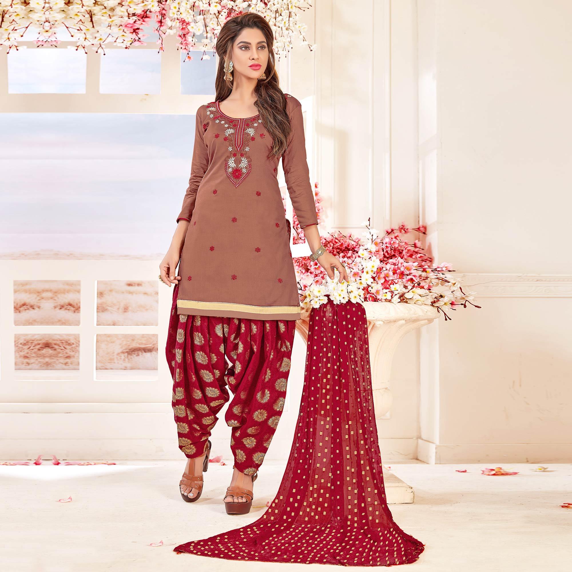 Classy Light Coffee Brown Colored Partywear Embroidered Cotton Dress Material - Peachmode