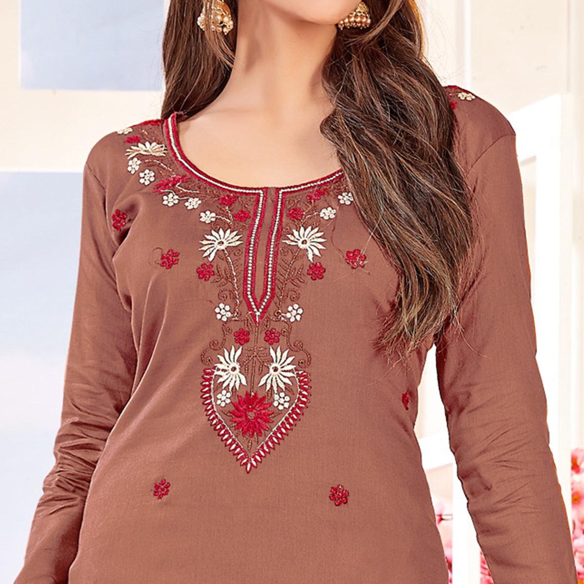 Classy Light Coffee Brown Colored Partywear Embroidered Cotton Dress Material - Peachmode